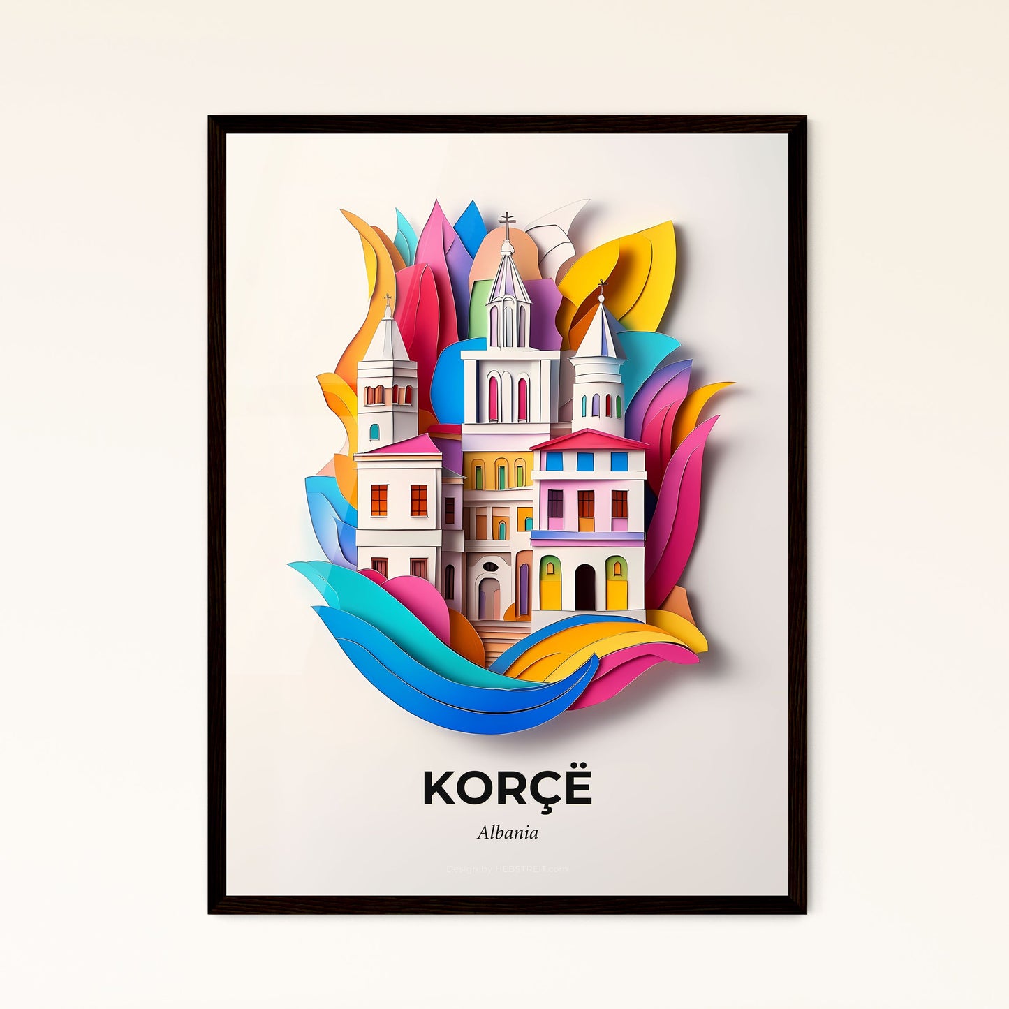 Vivid Korçë, Albania - a paper cut of a building with a rainbow colored roof