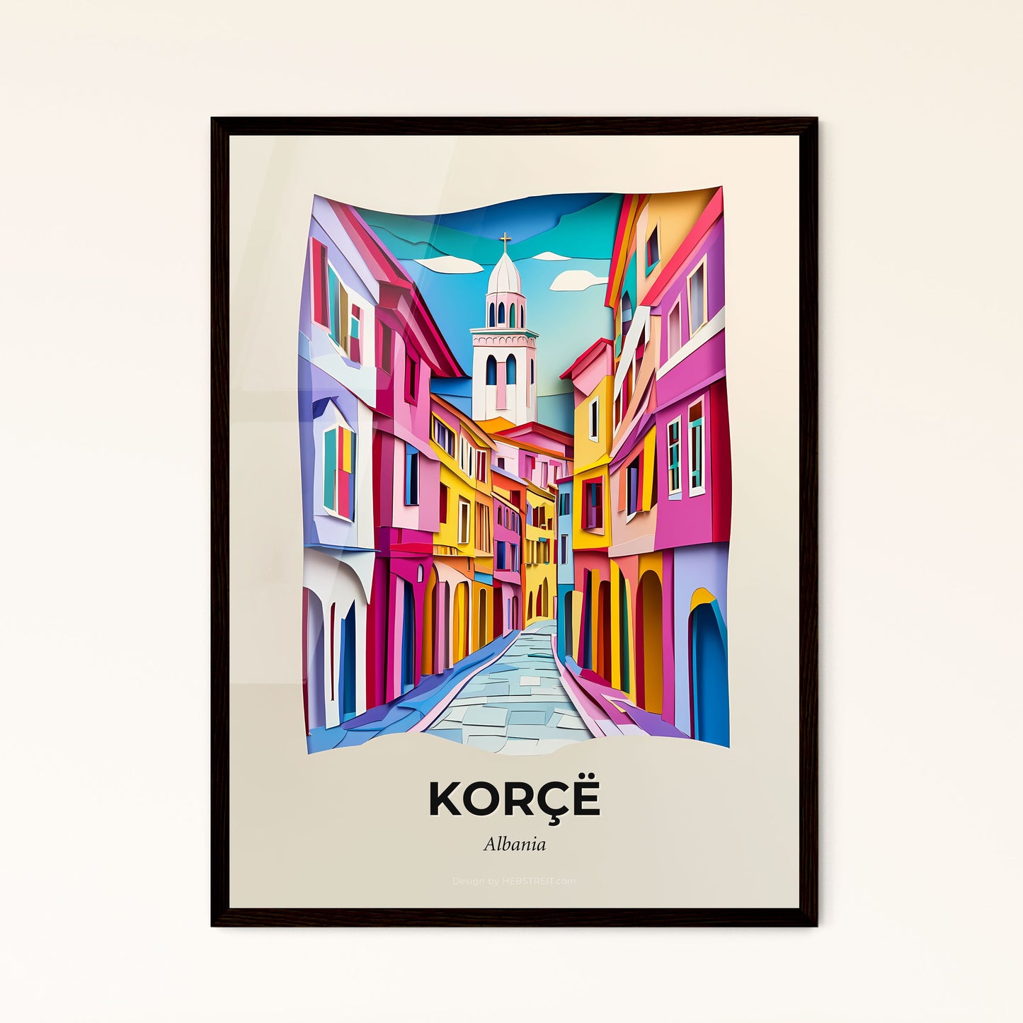 Vivid Korçë, Albania - a painting of a street with a clock tower in the background