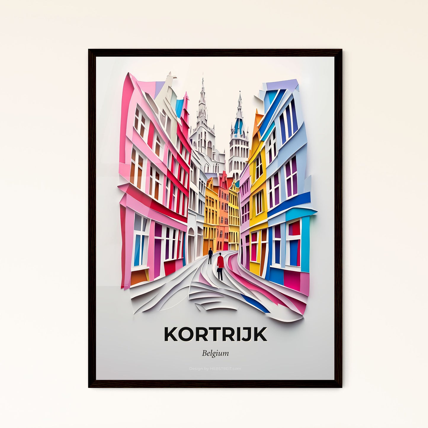 Vivid Kortrijk , Belgium - a paper cut of a city street with a person walking down it