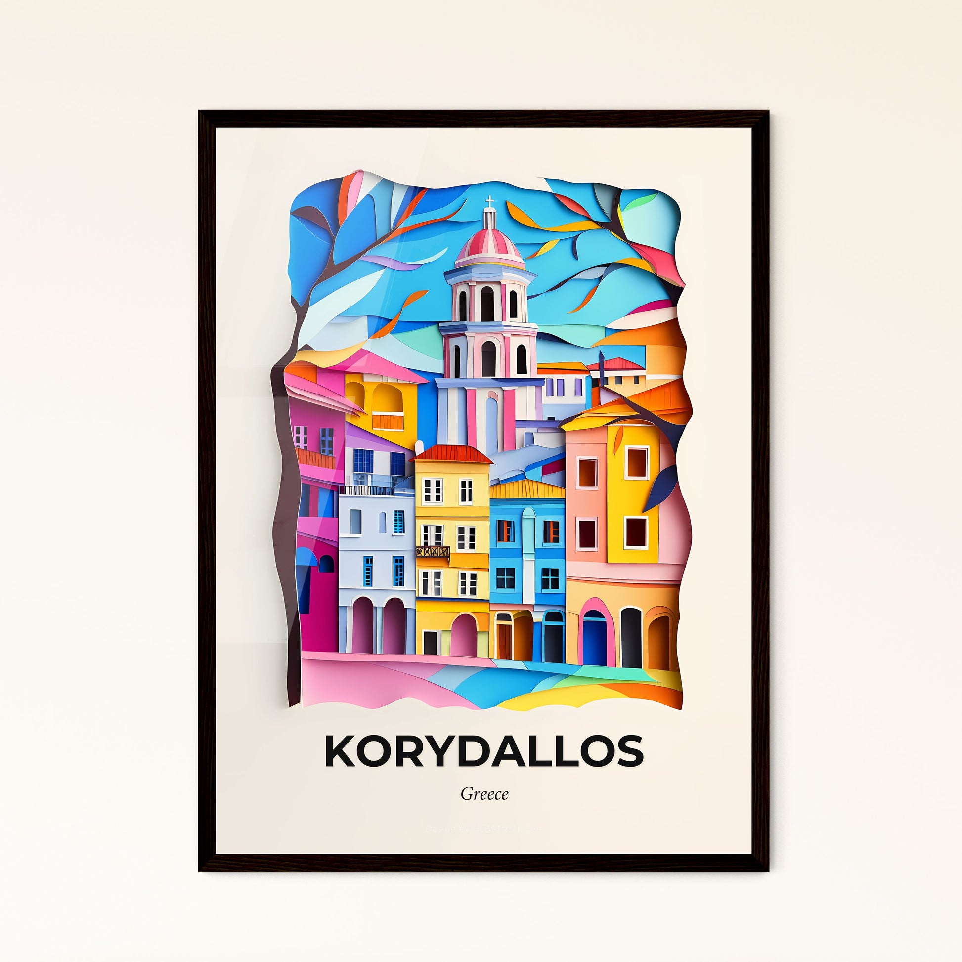 Vivid Korydallos, Greece - a painting of a city with a clock tower