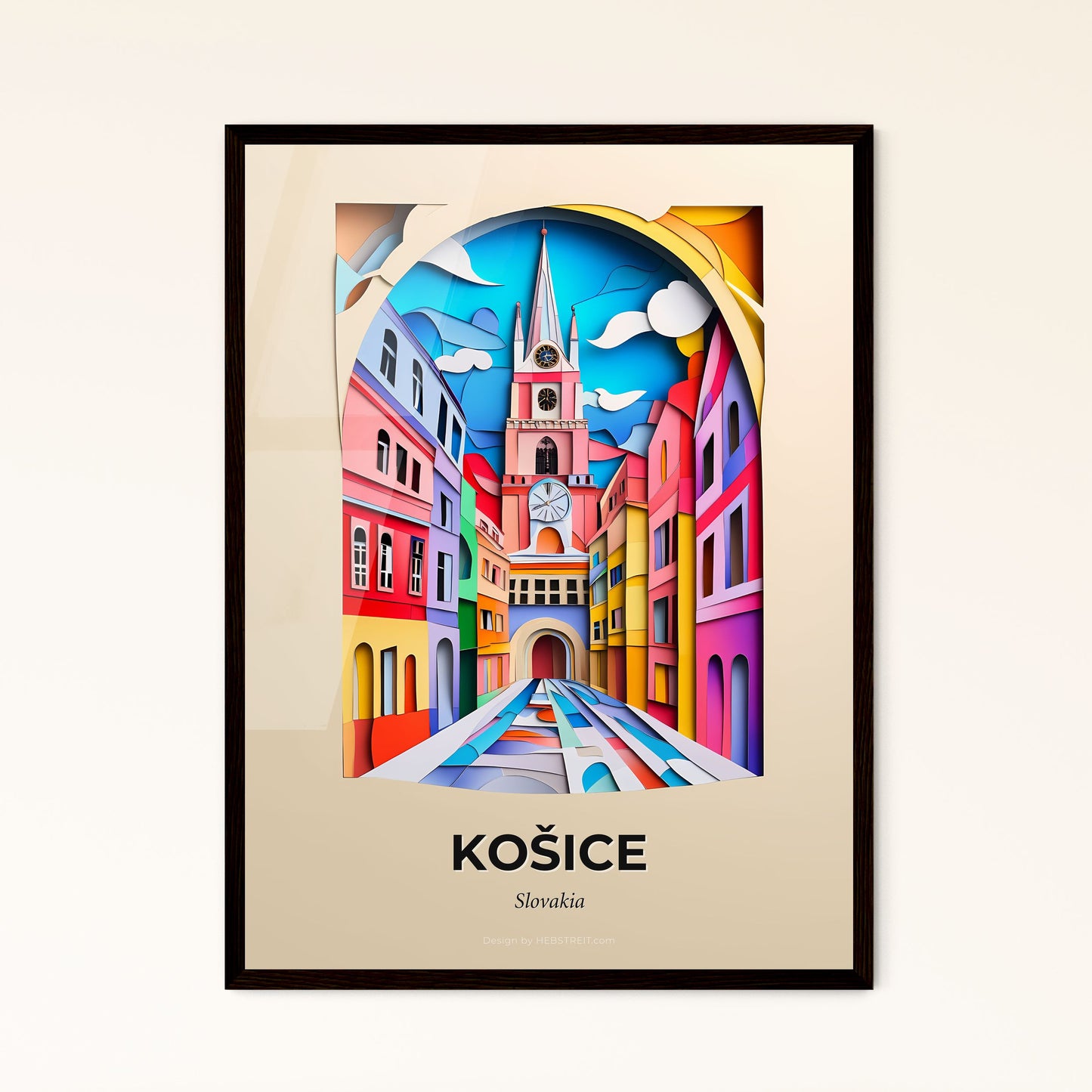 Vivid Košice, Slovakia - a painting of a city with a clock tower