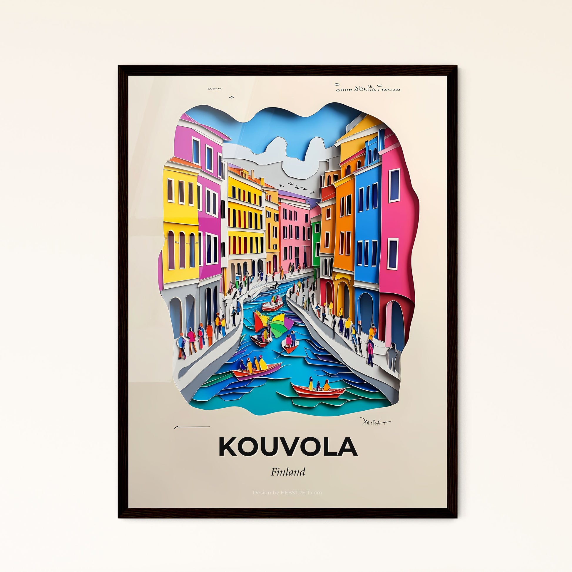 Vivid Kouvola, Finland - a painting of a canal with boats and people