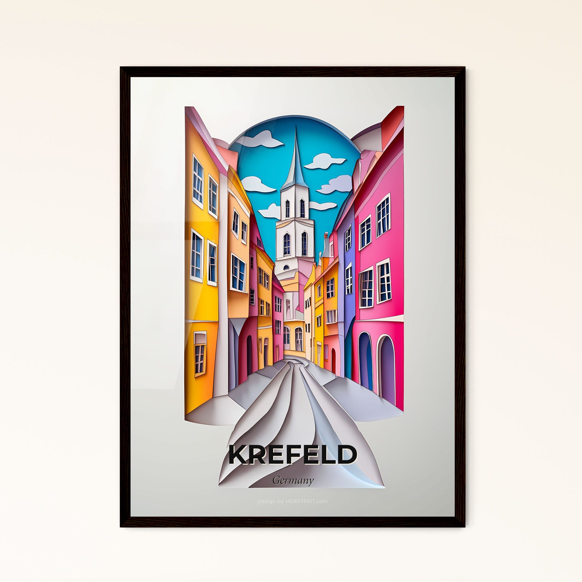 Vivid Krefeld, Germany - a paper cut of a city street with a church steeple