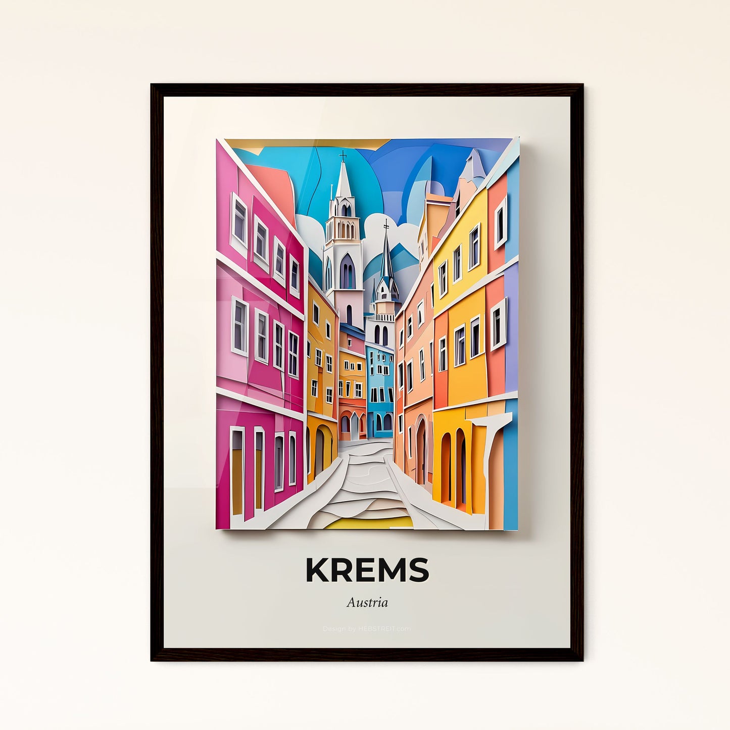 Vivid Krems, Austria - a painting of a street with a church in the background