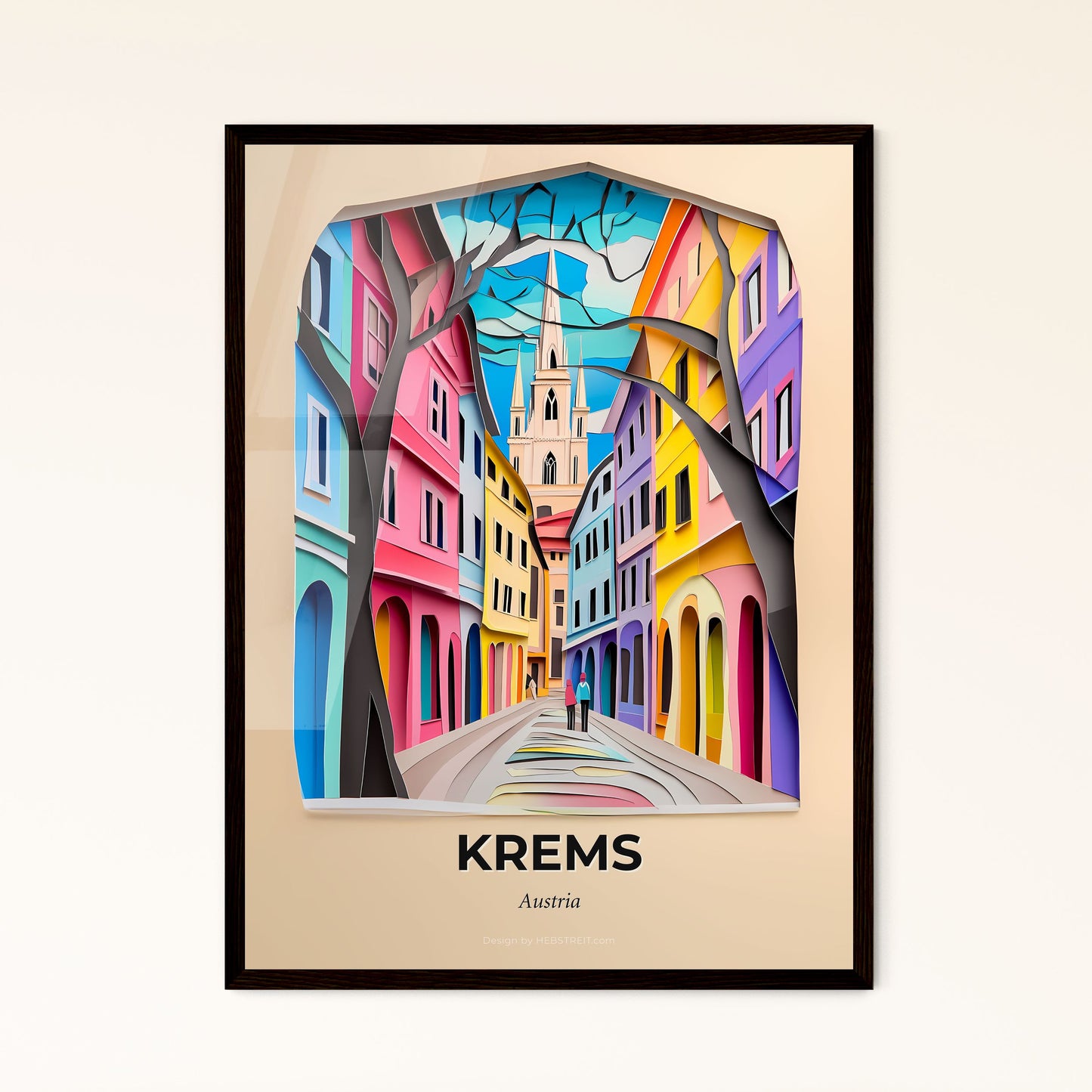 Vivid Krems, Austria - a painting of a street with a church steeple