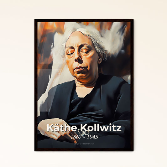 Portrait of Käthe Kollwitz, 1867 - 1945. Impressionistic painting of a woman sitting in a chair.