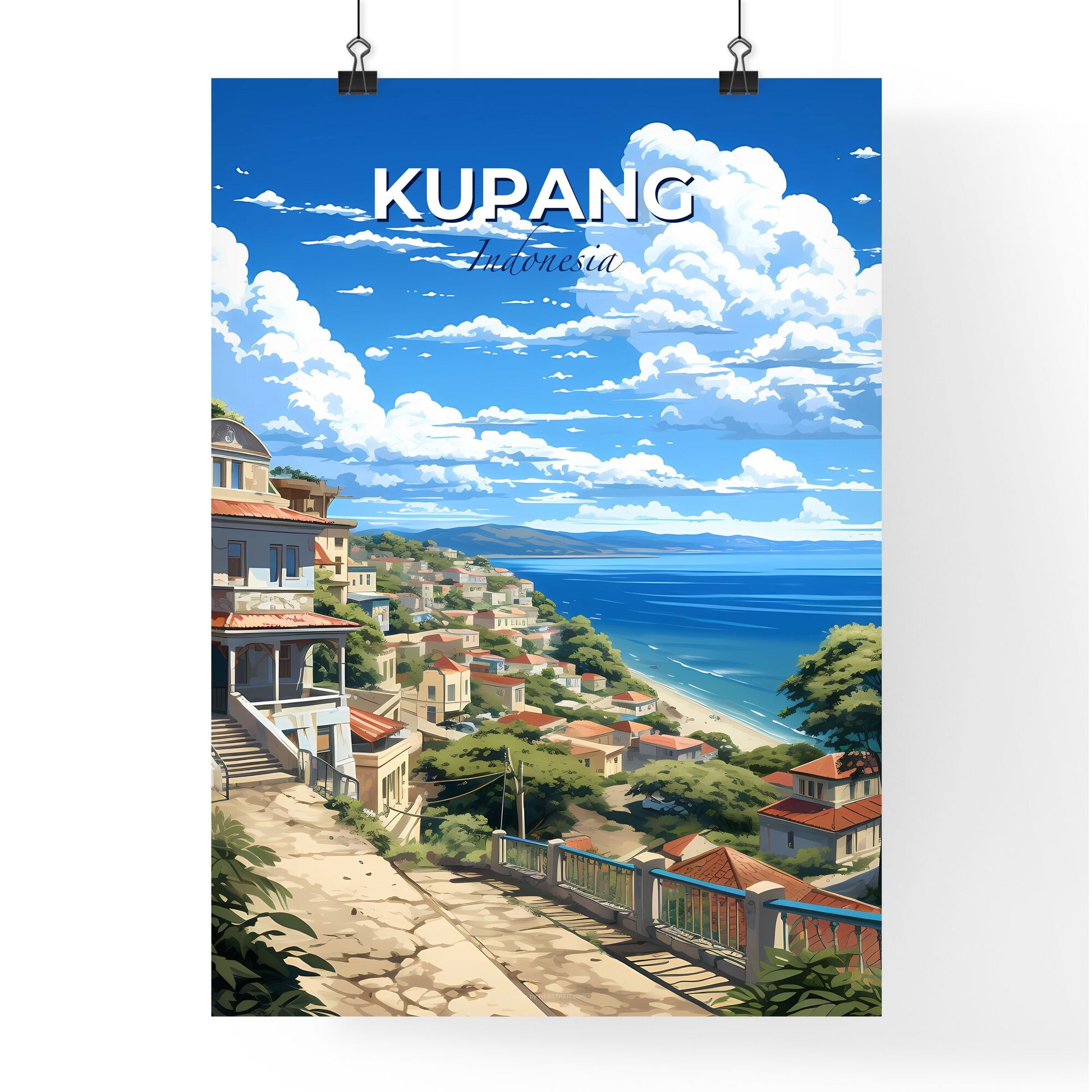 Colorful Kupang Indonesia City Skyline Art Painting by the Ocean Default Title