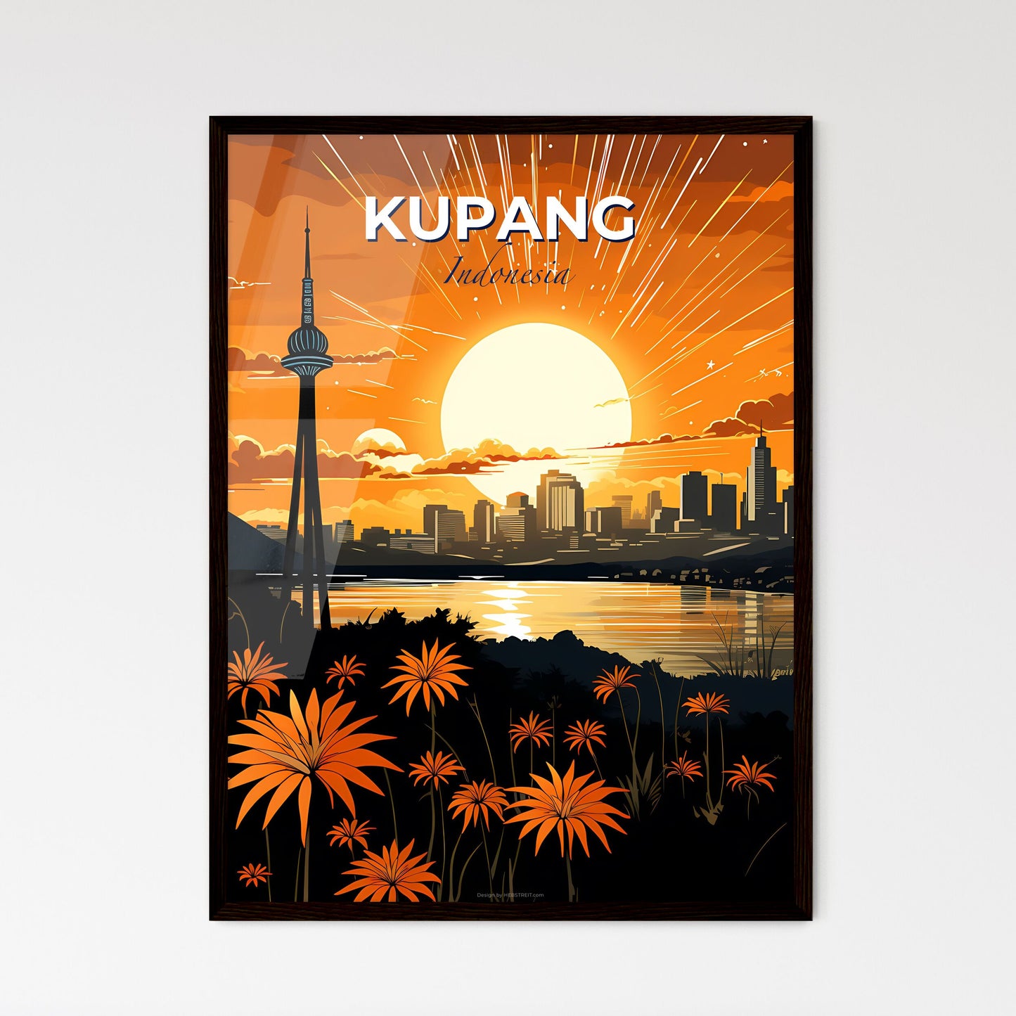 Painting of Kupang Indonesia Skyline with Sunset in Vibrant Colors Default Title