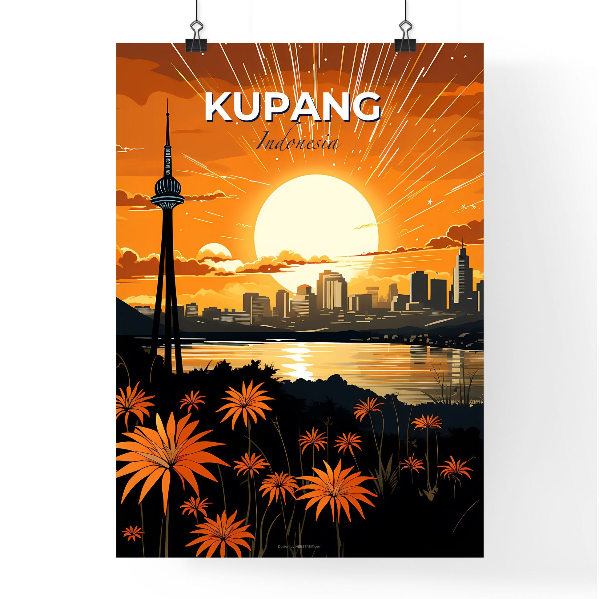 Painting of Kupang Indonesia Skyline with Sunset in Vibrant Colors Default Title