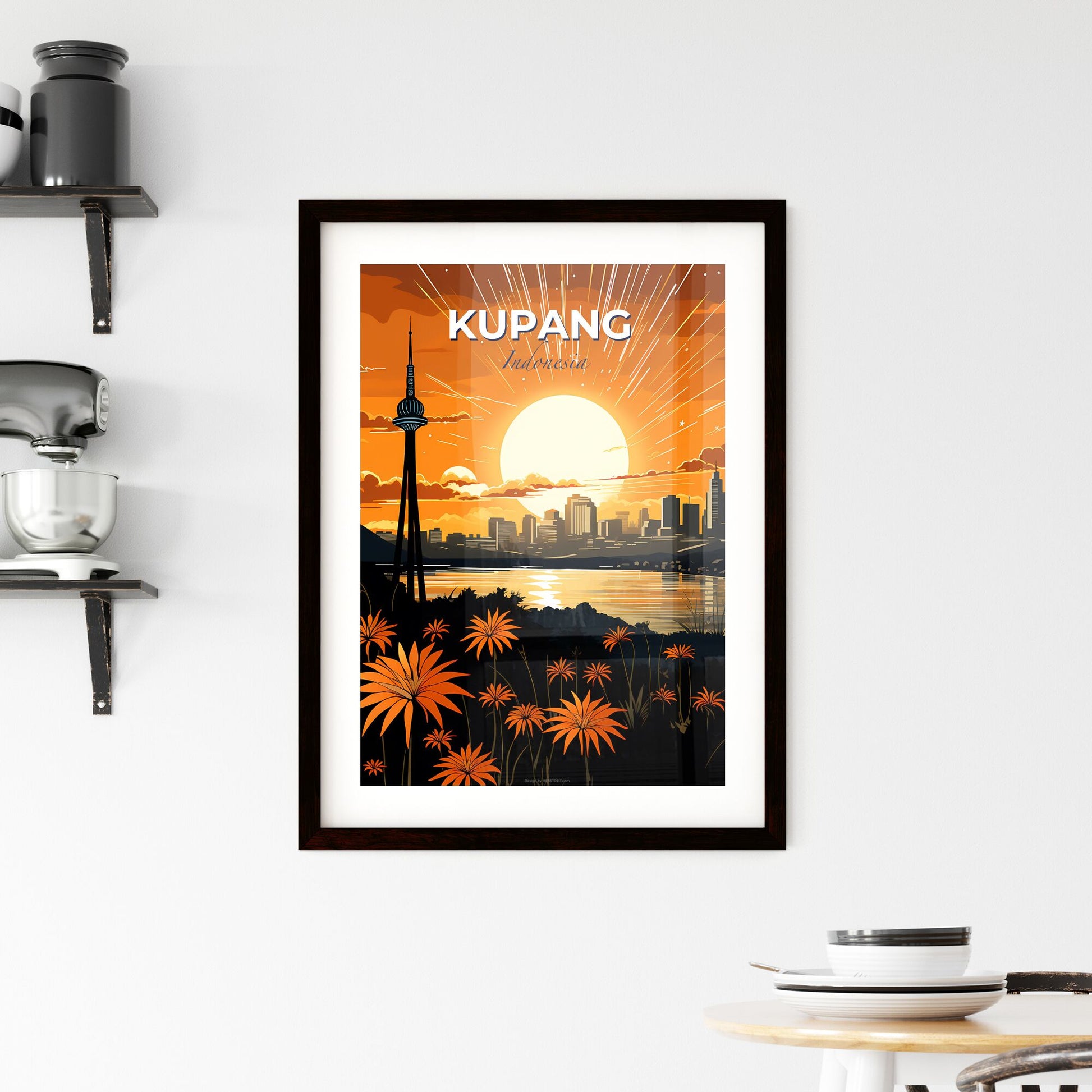 Painting of Kupang Indonesia Skyline with Sunset in Vibrant Colors Default Title