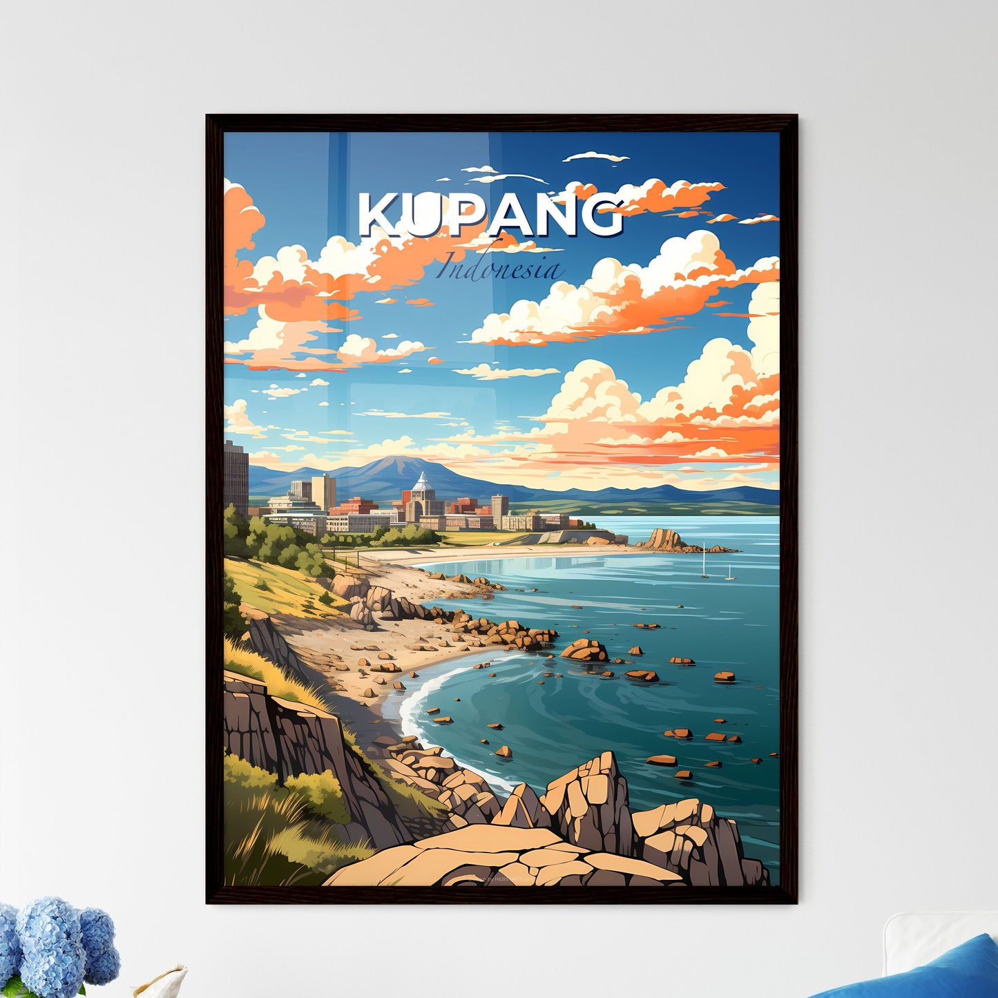 Cityscape Painting with Abstract Beach and Rocks Panorama of Kupang Indonesia Skyline Default Title