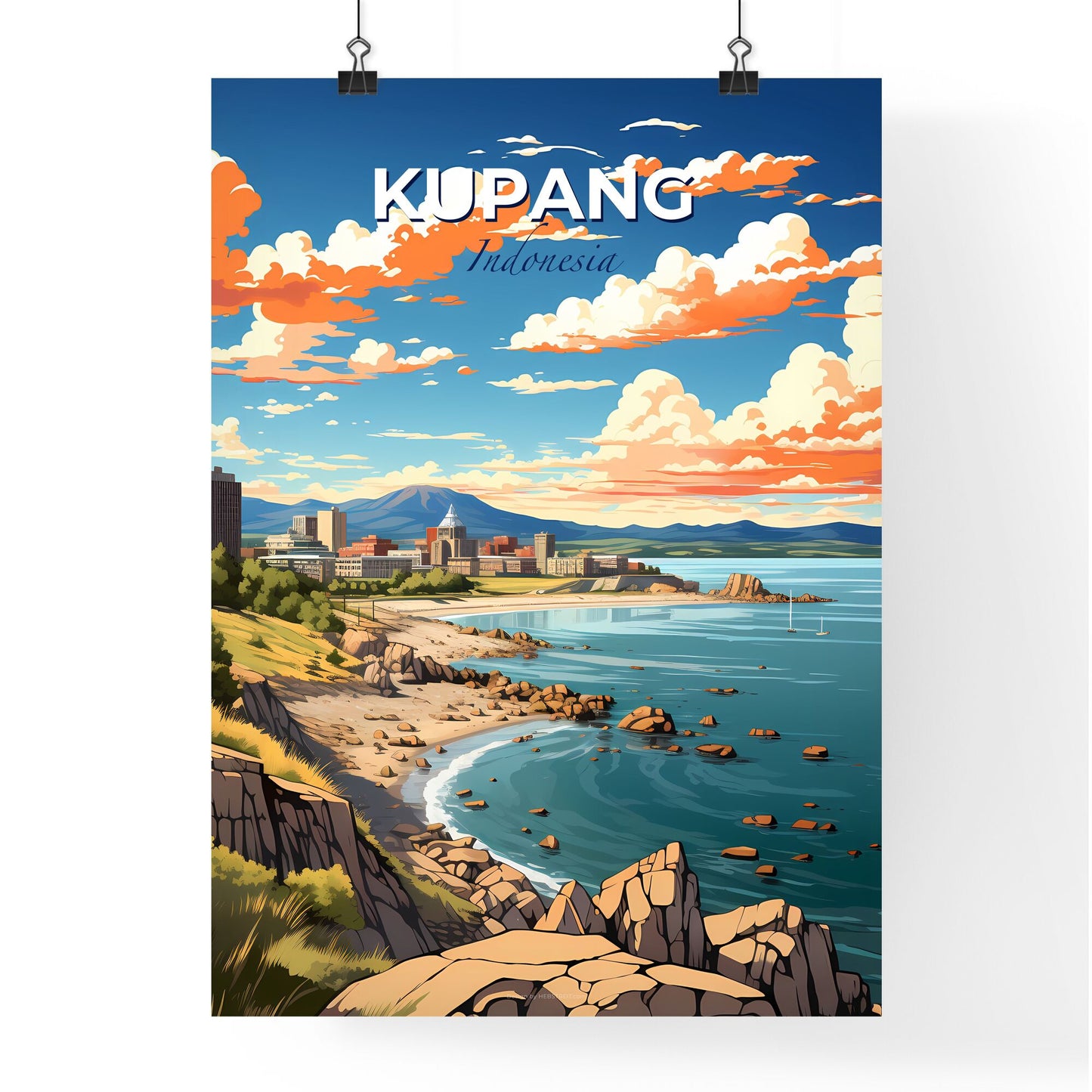 Cityscape Painting with Abstract Beach and Rocks Panorama of Kupang Indonesia Skyline Default Title