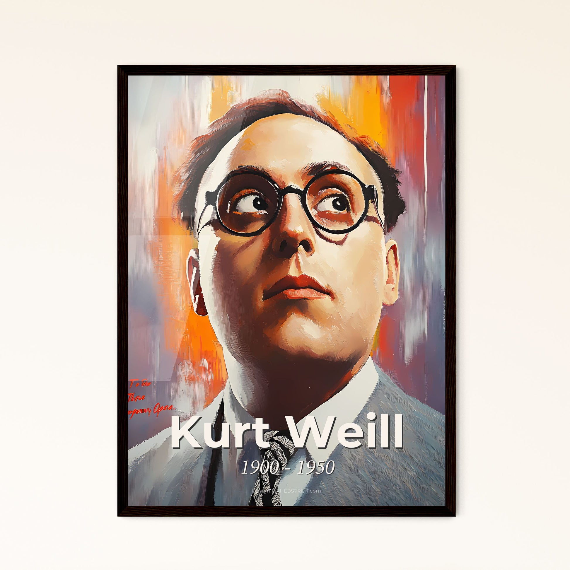 Portrait of Kurt Weill, 1900 - 1950. Impressionistic painting of a man wearing glasses and looking up.