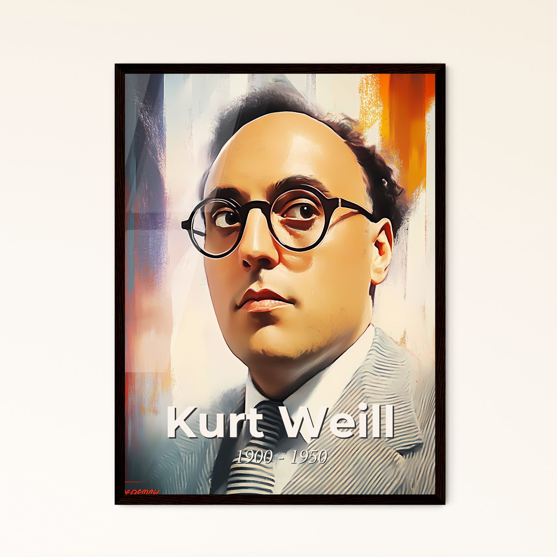 Portrait of Kurt Weill, 1900 - 1950. Impressionistic painting of a man wearing glasses and a suit.