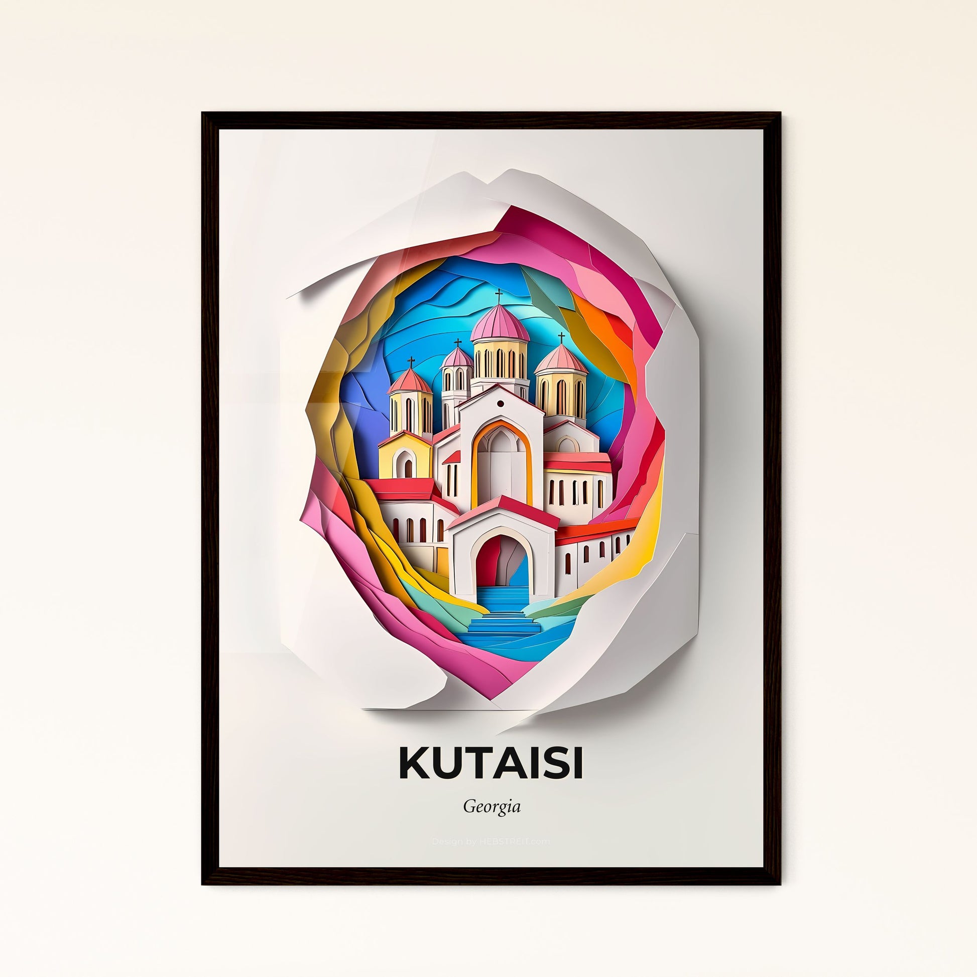 Vivid Kutaisi, Georgia - a paper cut of a church with a rainbow colored roof