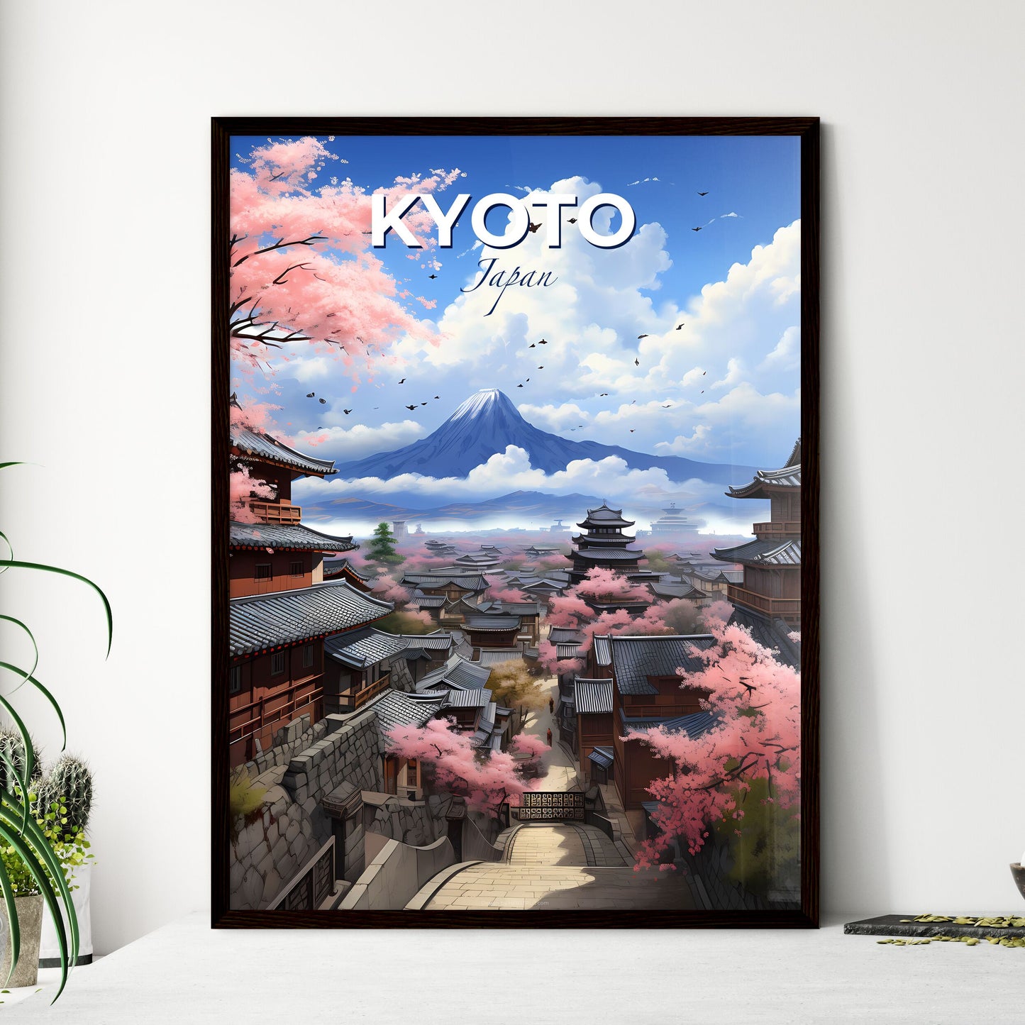 Vibrant Art Print of Kyoto City Skyline with Blooming Cherry Blossoms in Painting Style Default Title