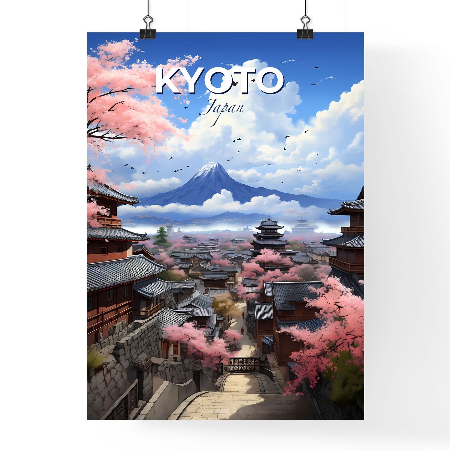 Vibrant Art Print of Kyoto City Skyline with Blooming Cherry Blossoms in Painting Style Default Title