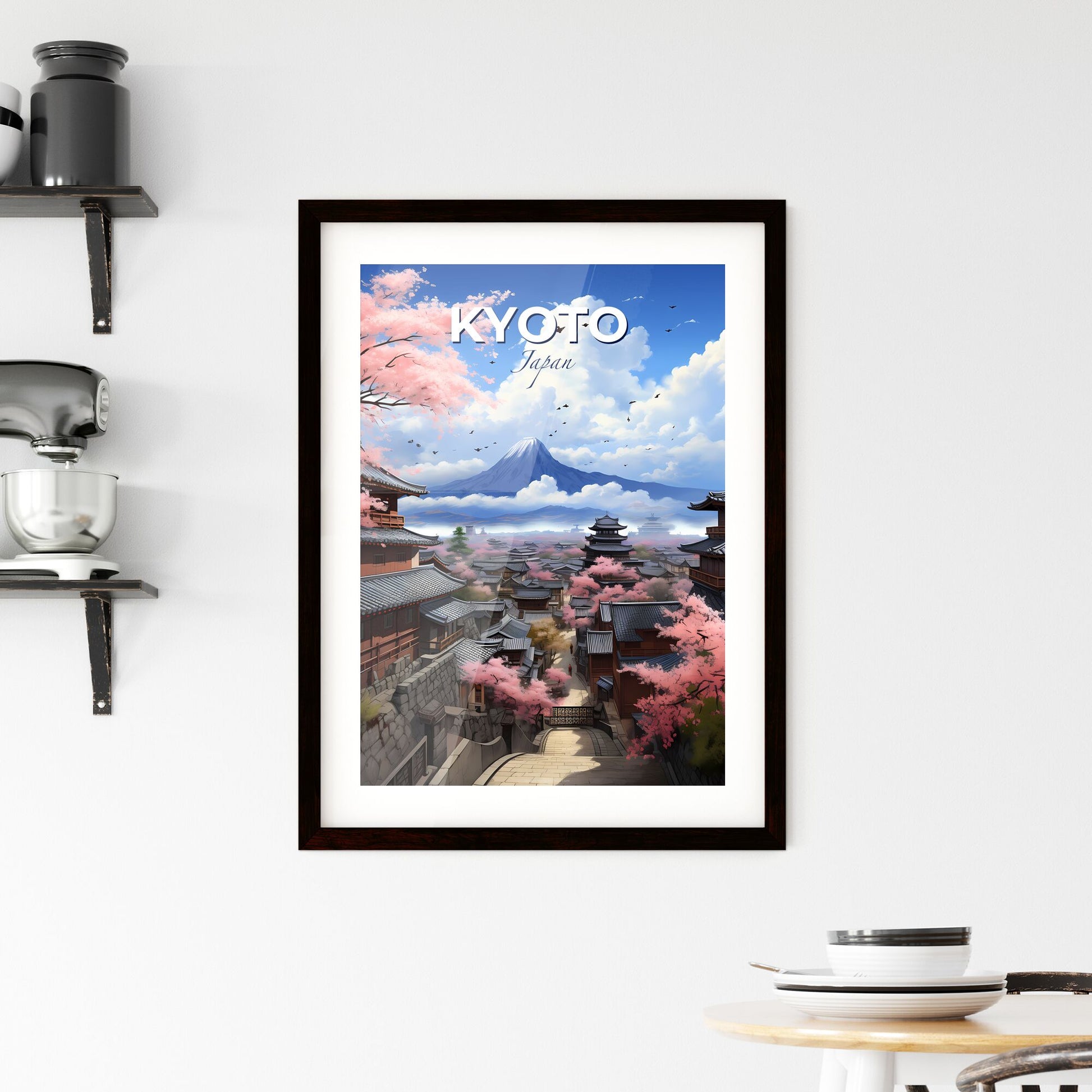 Vibrant Art Print of Kyoto City Skyline with Blooming Cherry Blossoms in Painting Style Default Title