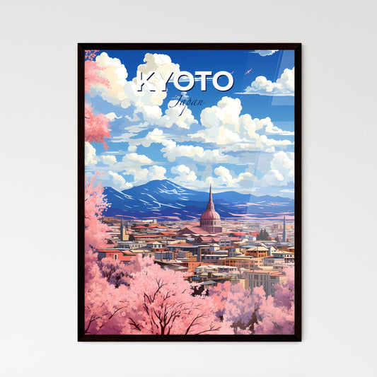 Kyoto Skyline Painting: Vibrant City with Pink Trees, Mountains, and Artistic Flair Default Title