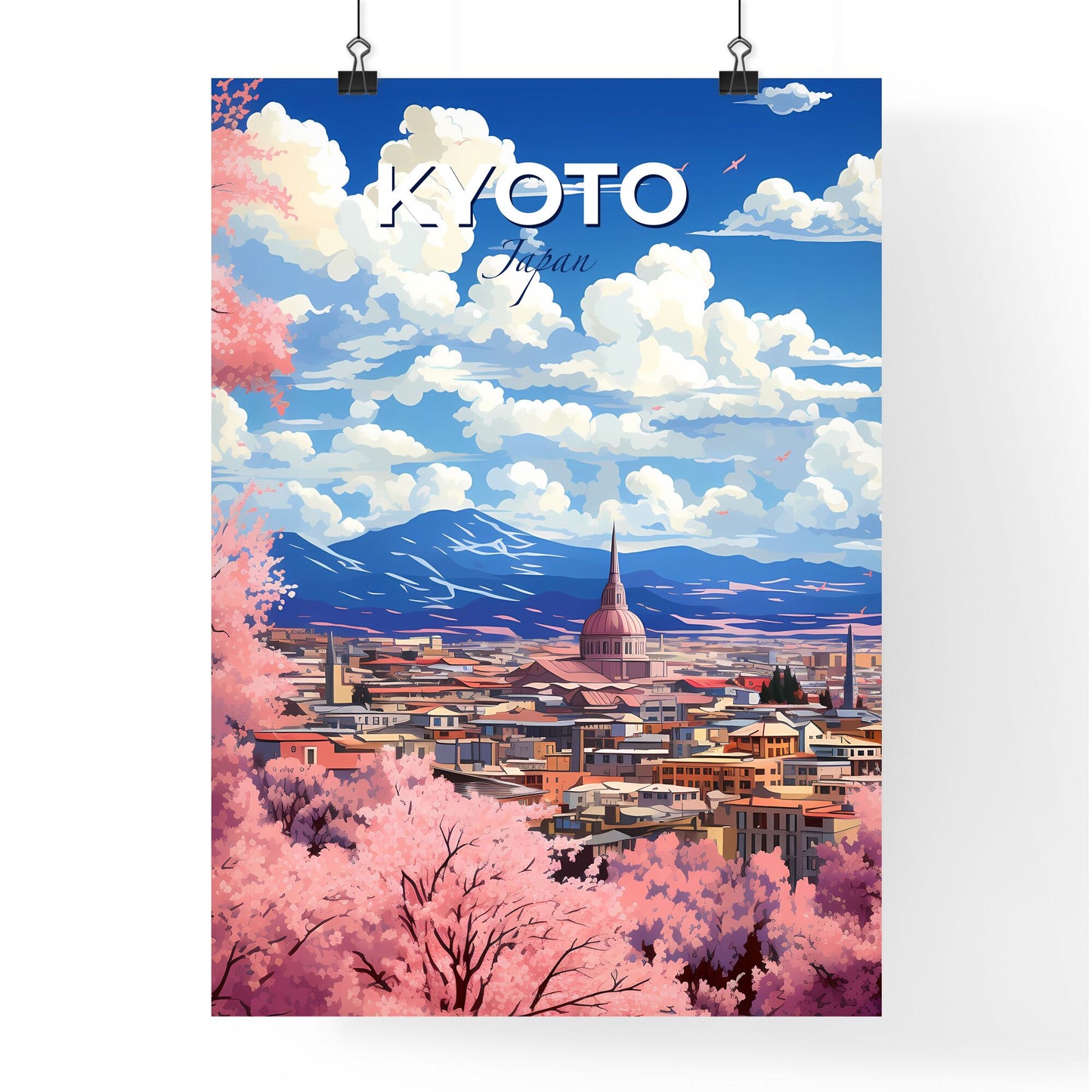 Kyoto Skyline Painting: Vibrant City with Pink Trees, Mountains, and Artistic Flair Default Title