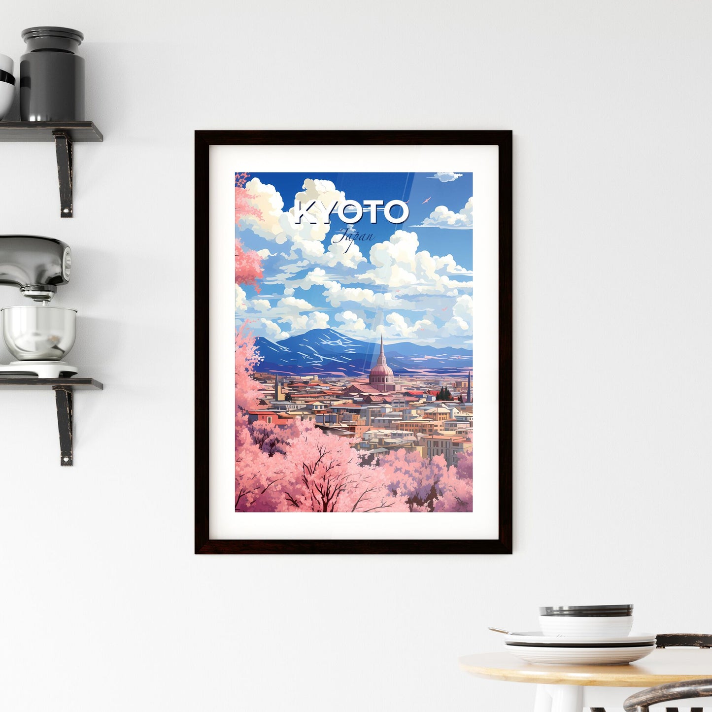 Kyoto Skyline Painting: Vibrant City with Pink Trees, Mountains, and Artistic Flair Default Title