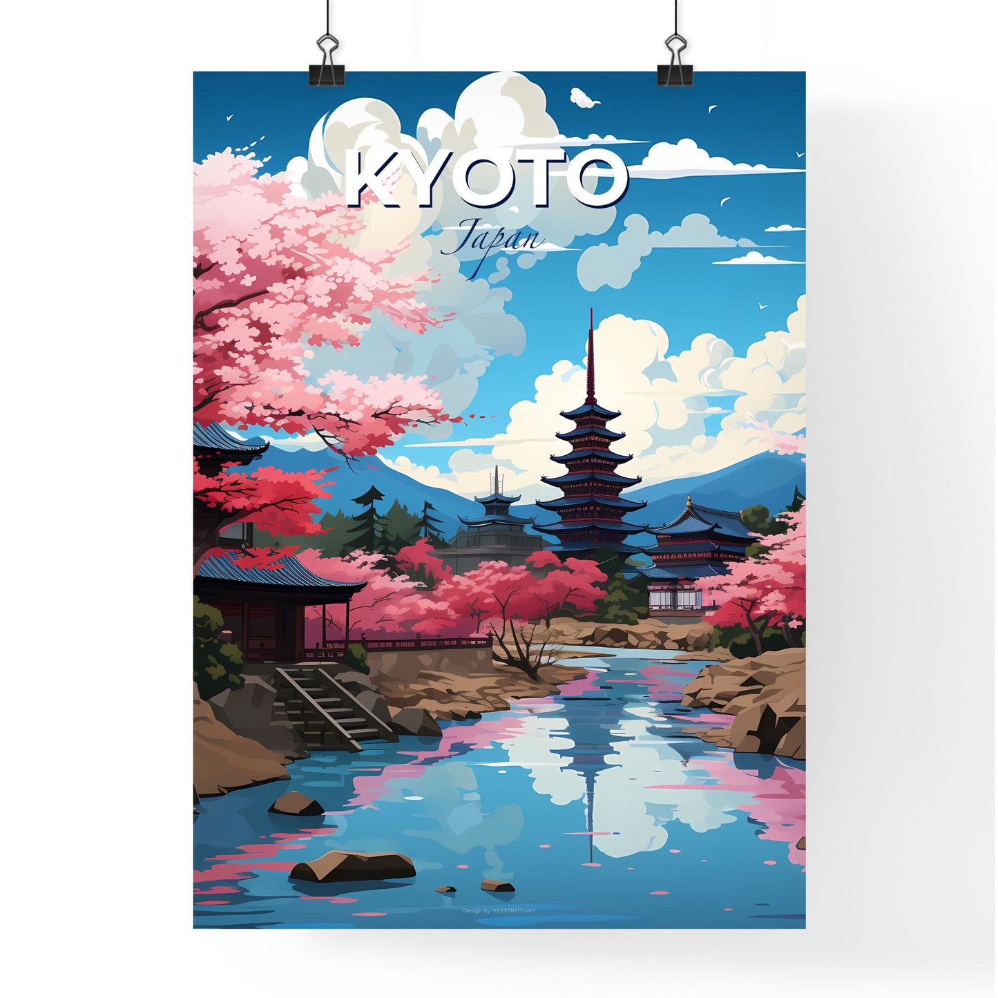 Vibrant Artistic Kyoto Skyline: Picturesque Riverbank with Blossoming Pink Trees and Architectural Landmarks Default Title