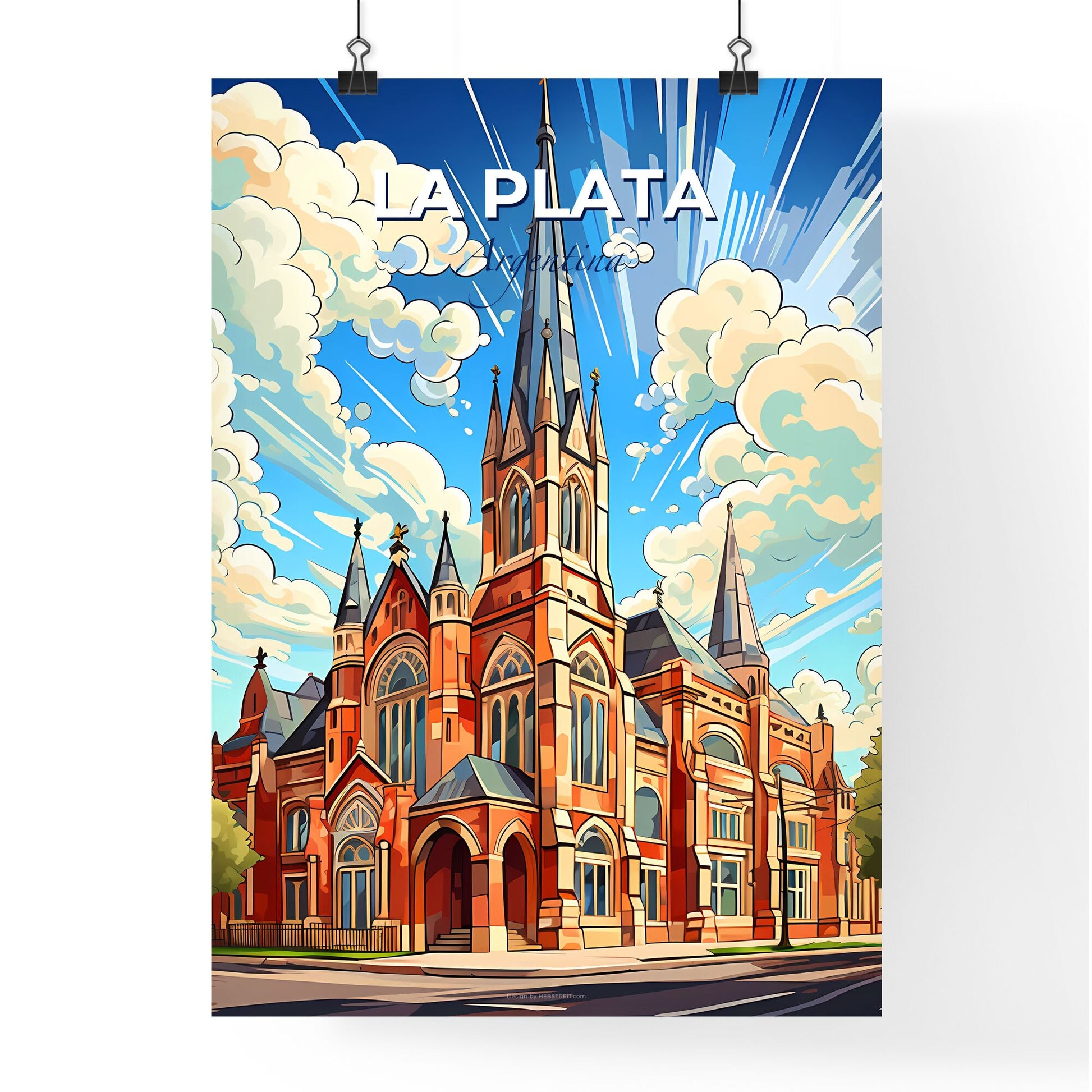 vibrant painting of La Plata Argentina skyline showcasing the tall tower of a church Default Title