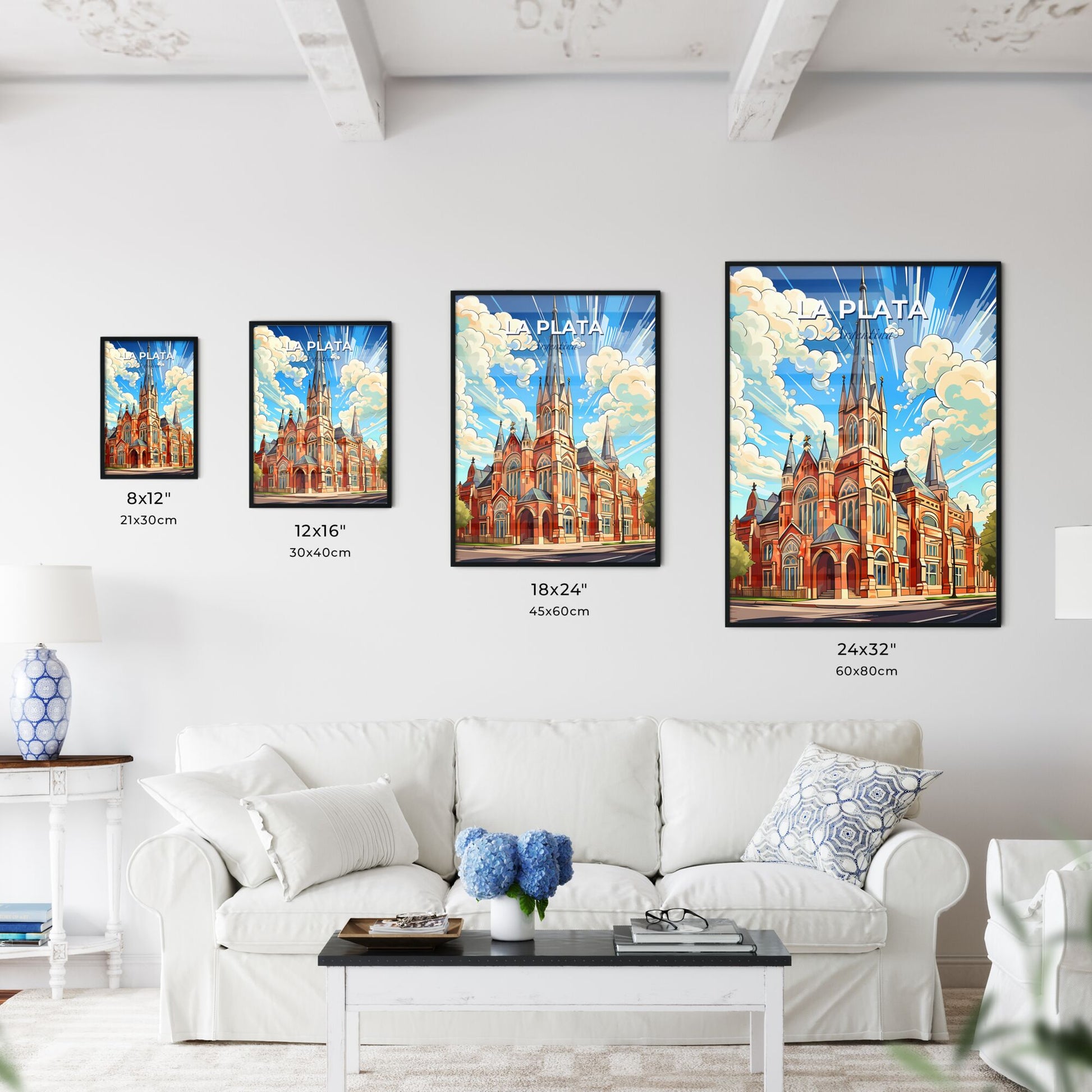 vibrant painting of La Plata Argentina skyline showcasing the tall tower of a church Default Title