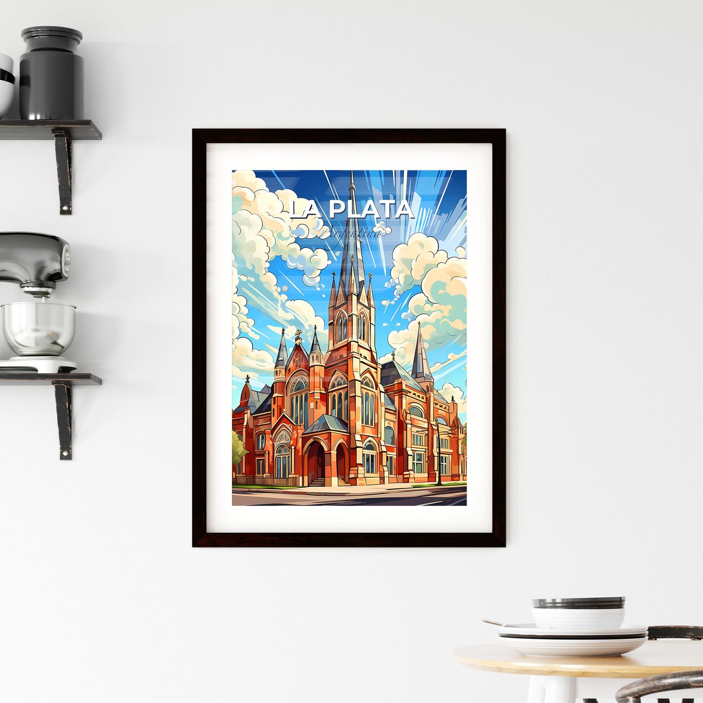 vibrant painting of La Plata Argentina skyline showcasing the tall tower of a church Default Title