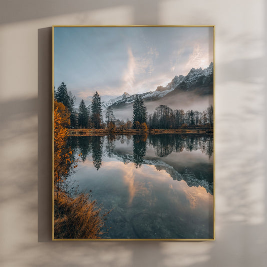 Lac des Gaillands Autumn Reflection – Sunrise Over Chamonix