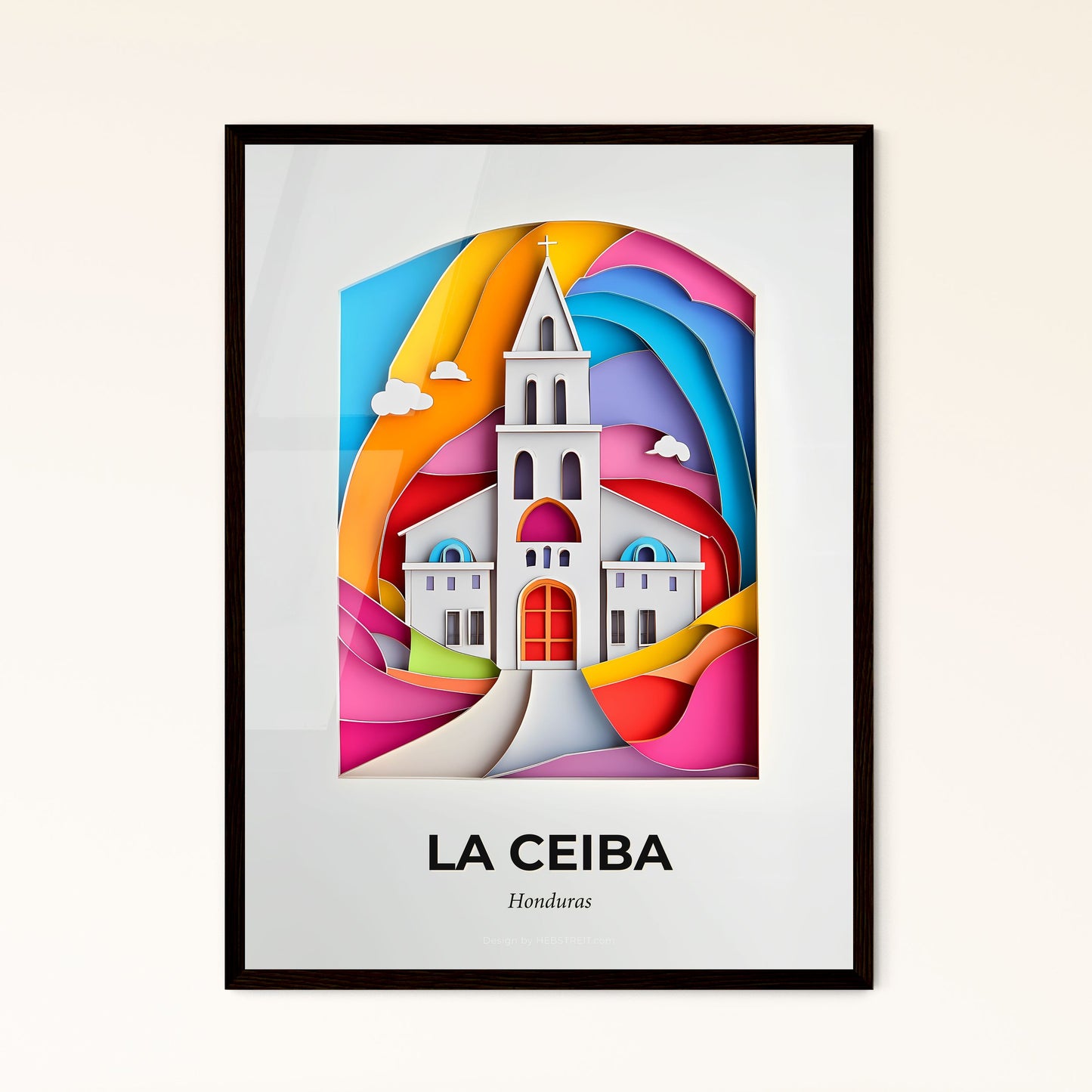 Vivid La Ceiba, Honduras - a church with a steeple and a rainbow colored sky