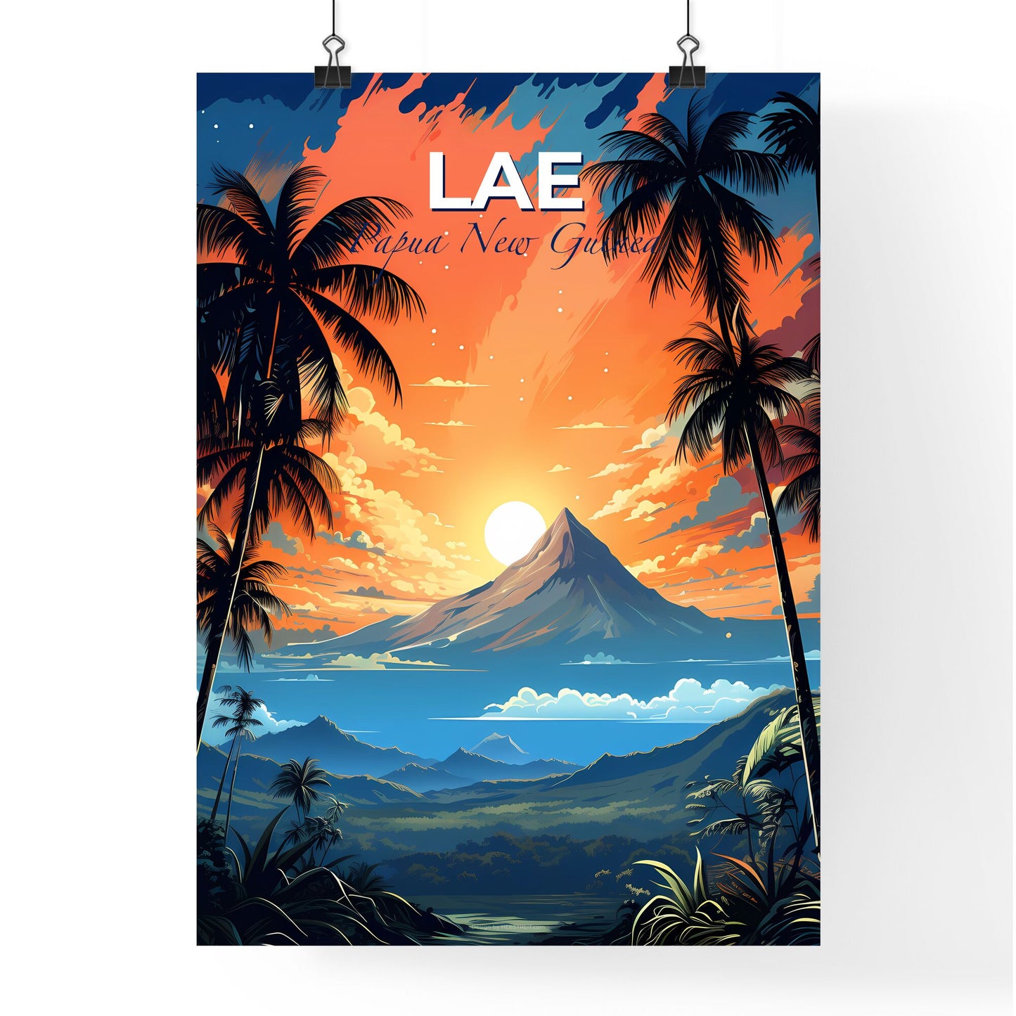 Vibrant Artistic Landscape of Lae in Papua New Guinea with Mountains and Palm Trees Skyline Default Title