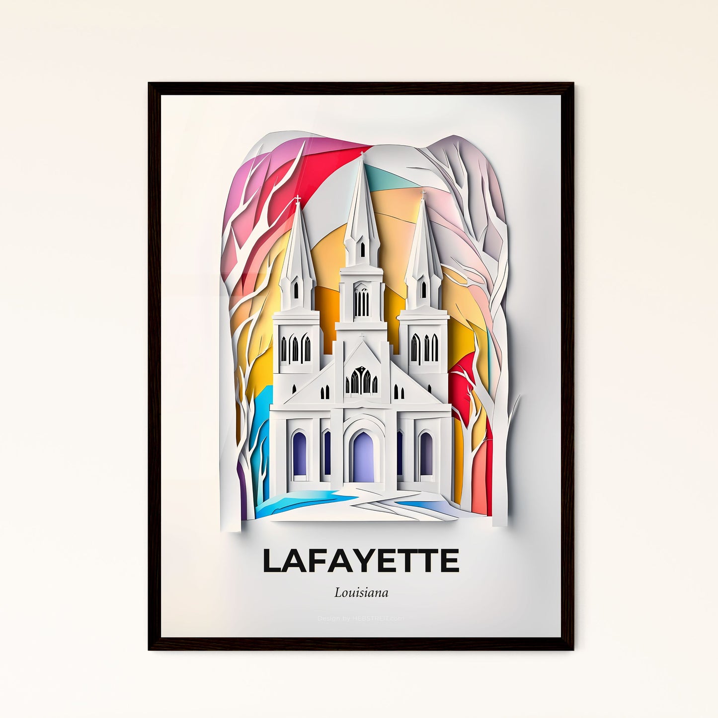 Vivid Lafayette, Louisiana - a paper cut of a church with a rainbow