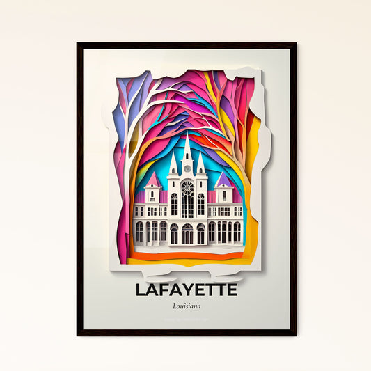 Vivid Lafayette, Louisiana - a paper cut of a church with a clock tower