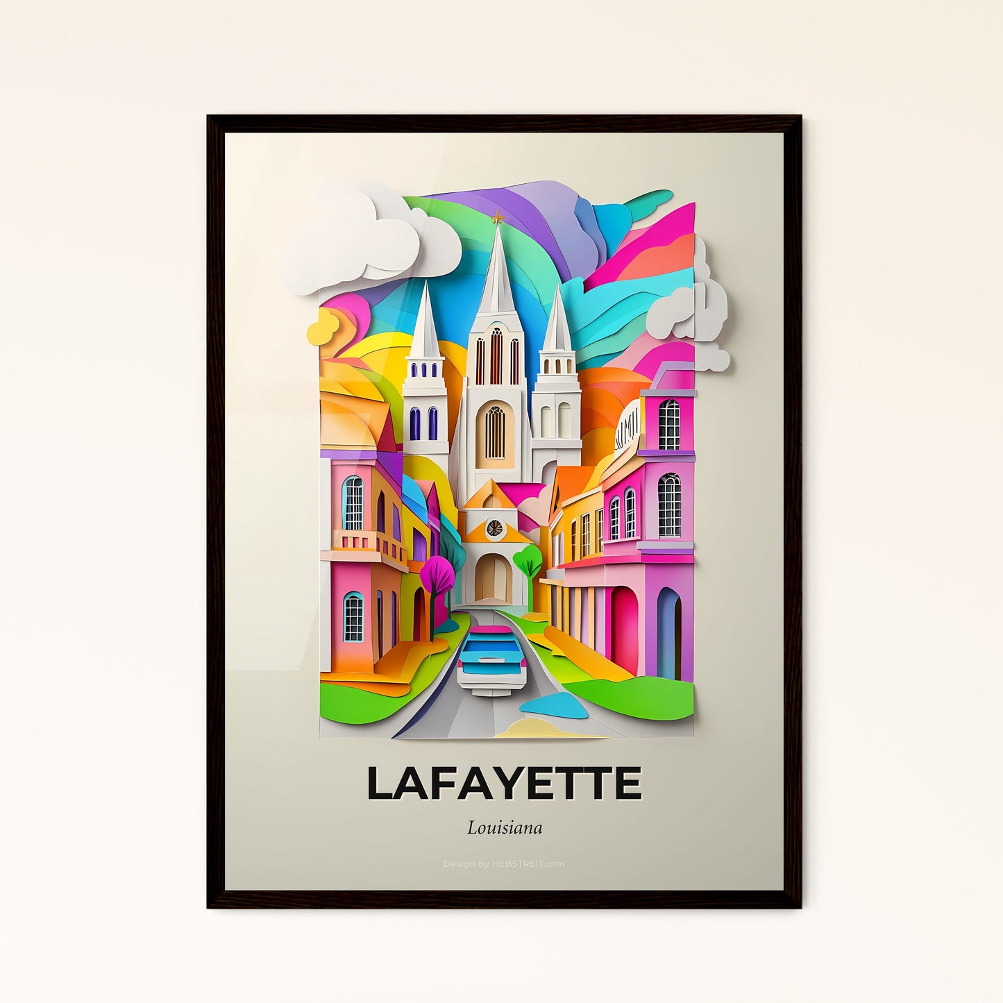 Vivid Lafayette, Louisiana - a colorful city with a church and a rainbow colored tree