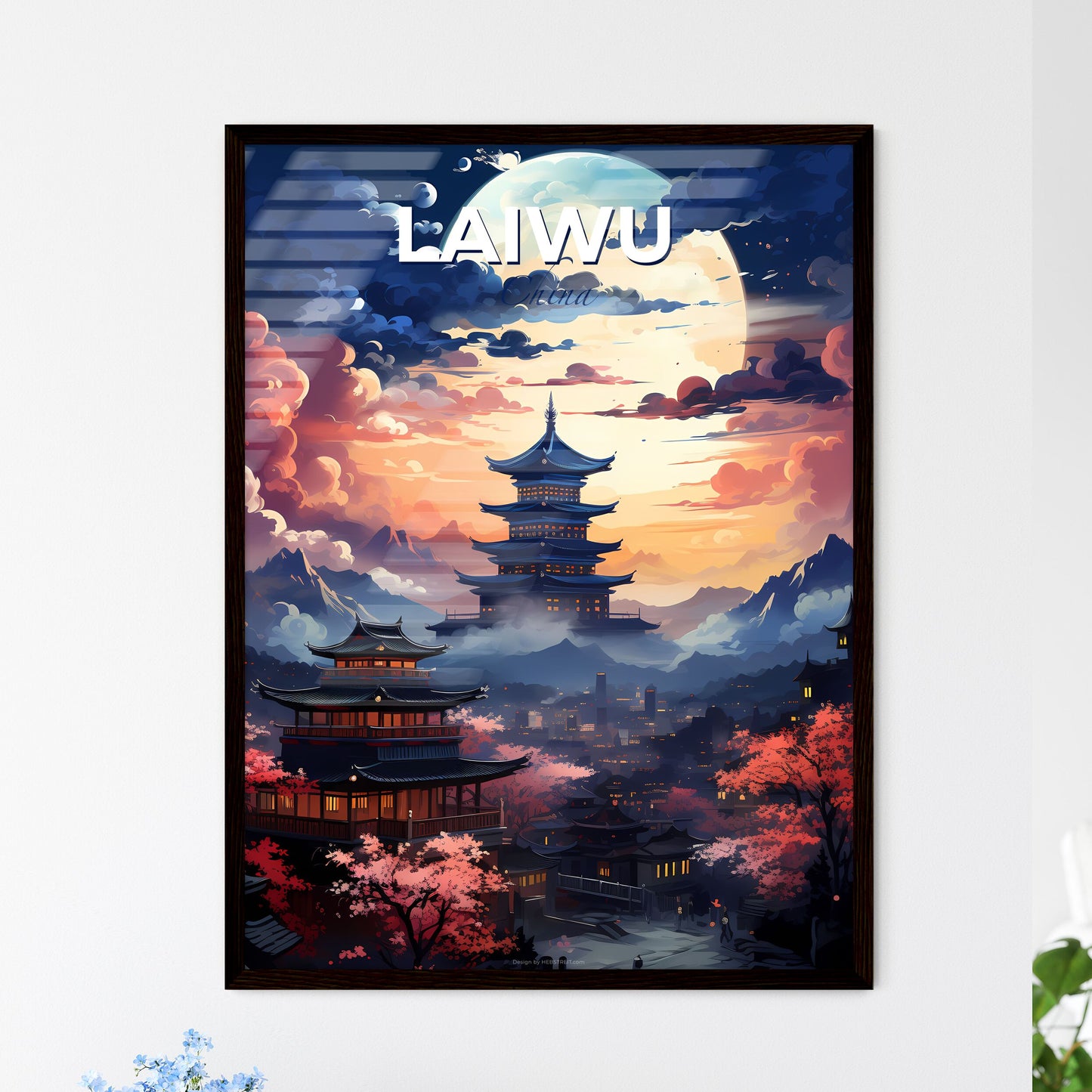 Laiwu China Painting Pagoda Mountains Vibrant Art Full Moon Skyline Default Title