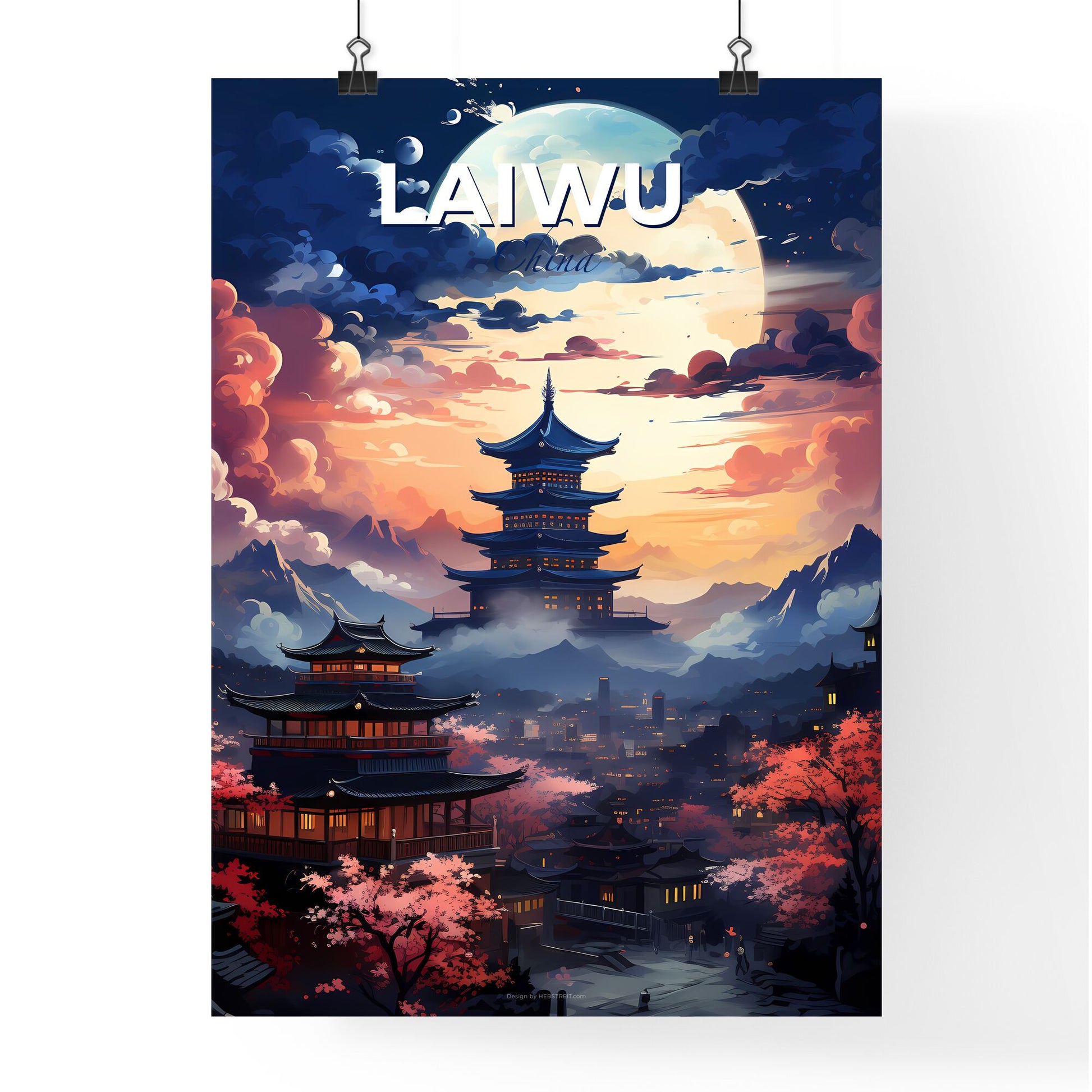 Laiwu China Painting Pagoda Mountains Vibrant Art Full Moon Skyline Default Title