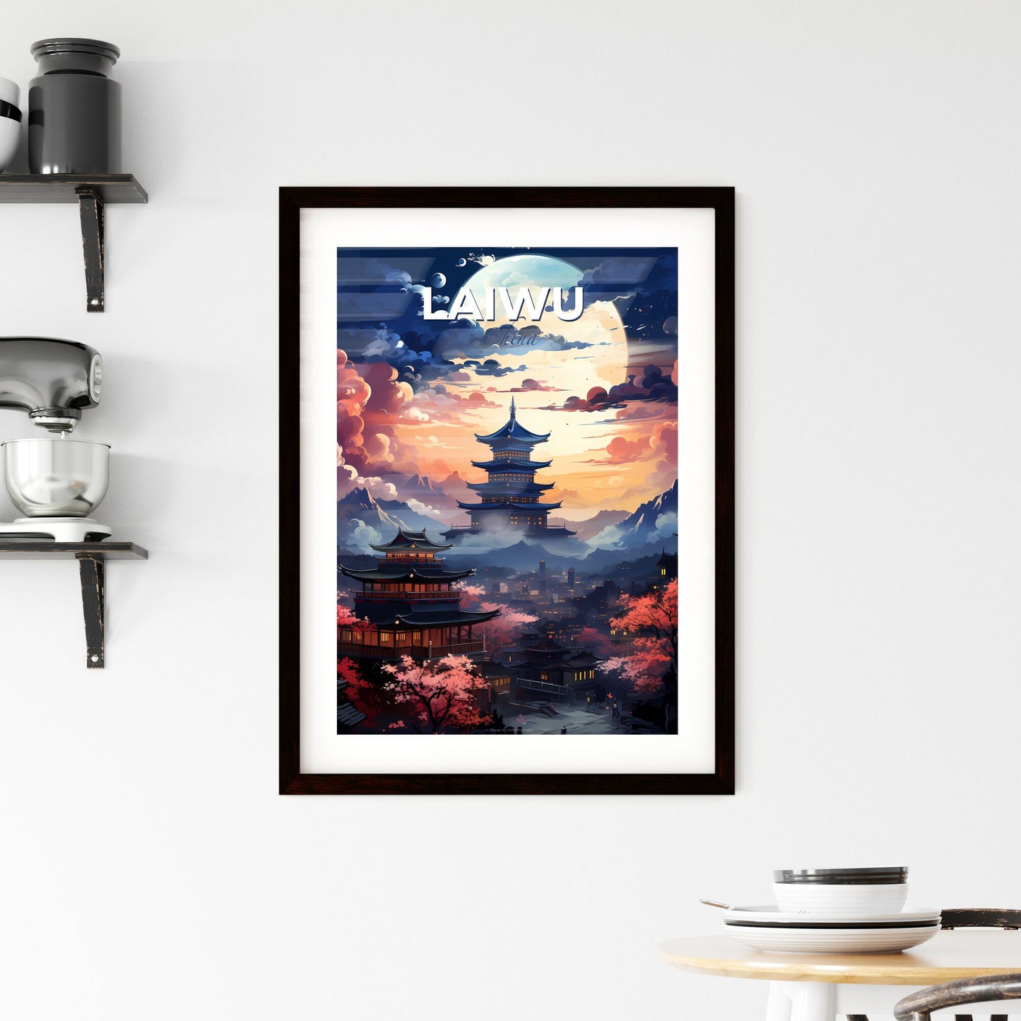 Laiwu China Painting Pagoda Mountains Vibrant Art Full Moon Skyline Default Title