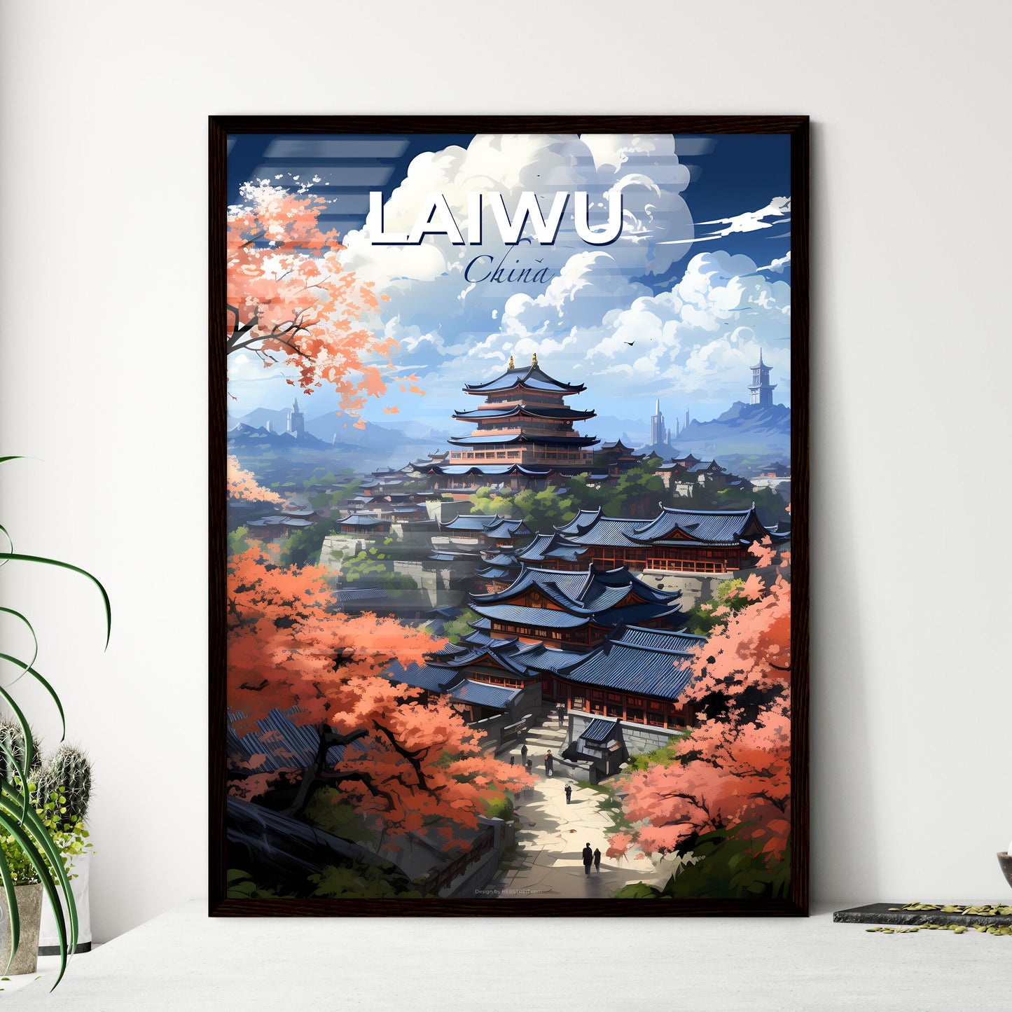 Vibrant Laiwu City Skyline Painting with Colorful Buildings and Lush Trees Default Title