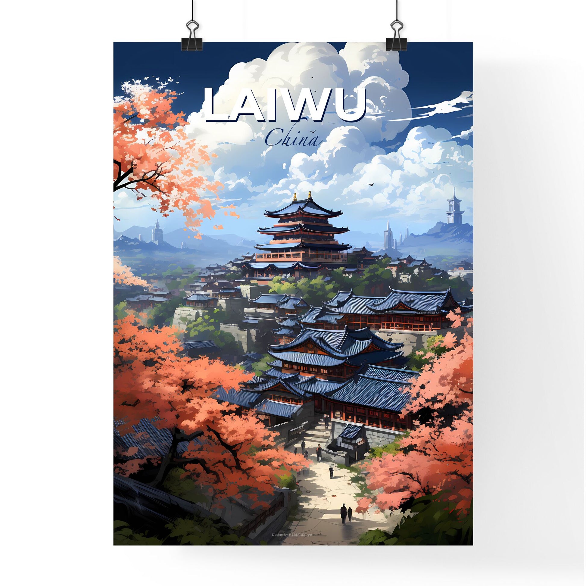 Vibrant Laiwu City Skyline Painting with Colorful Buildings and Lush Trees Default Title