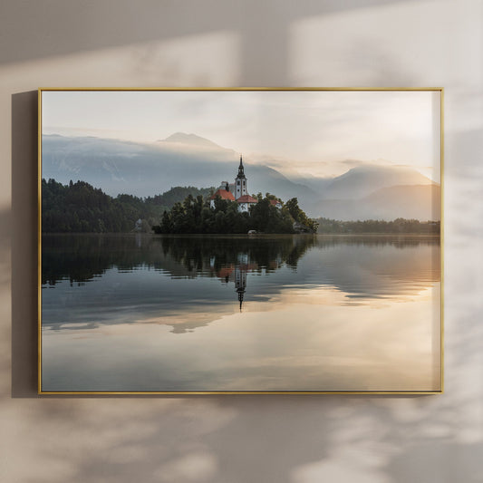 Lake Bled Sunrise Wall Art – Island Church & Reflections Print