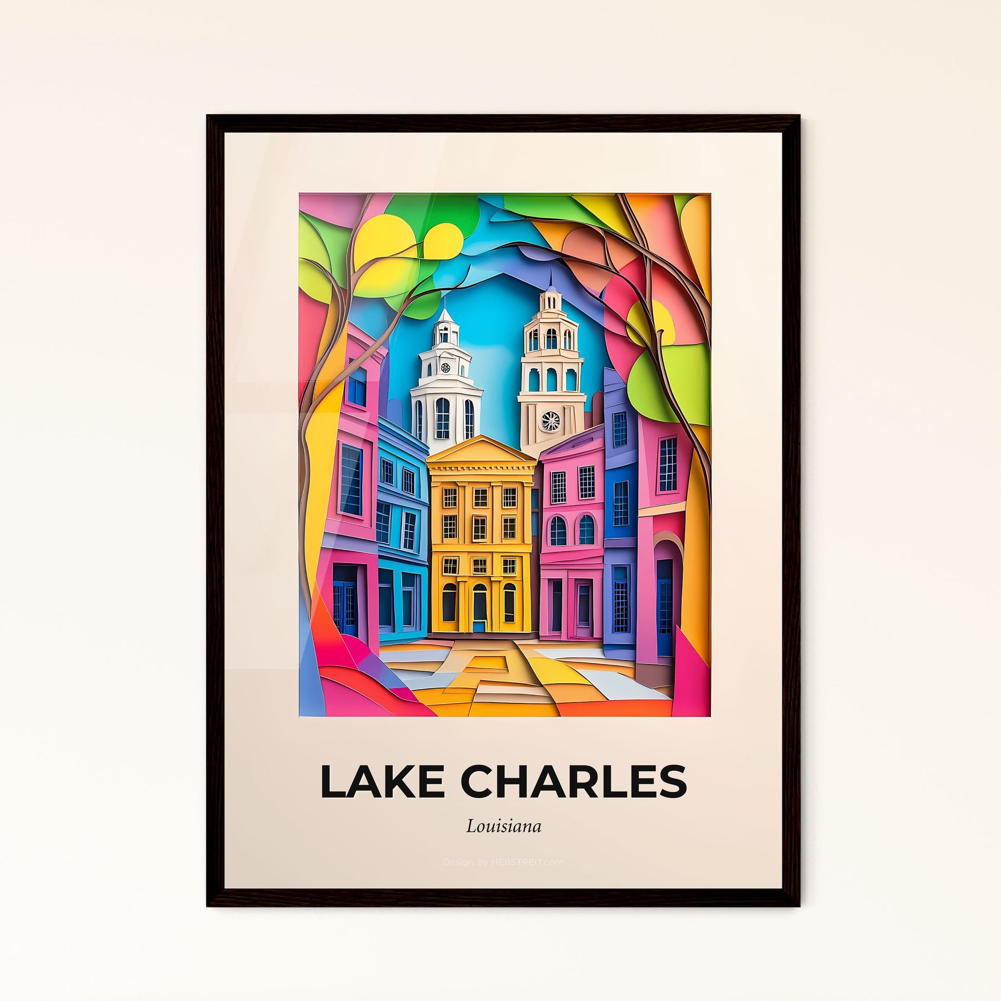 Vivid Lake Charles, Louisiana - a painting of a city with a church in the background