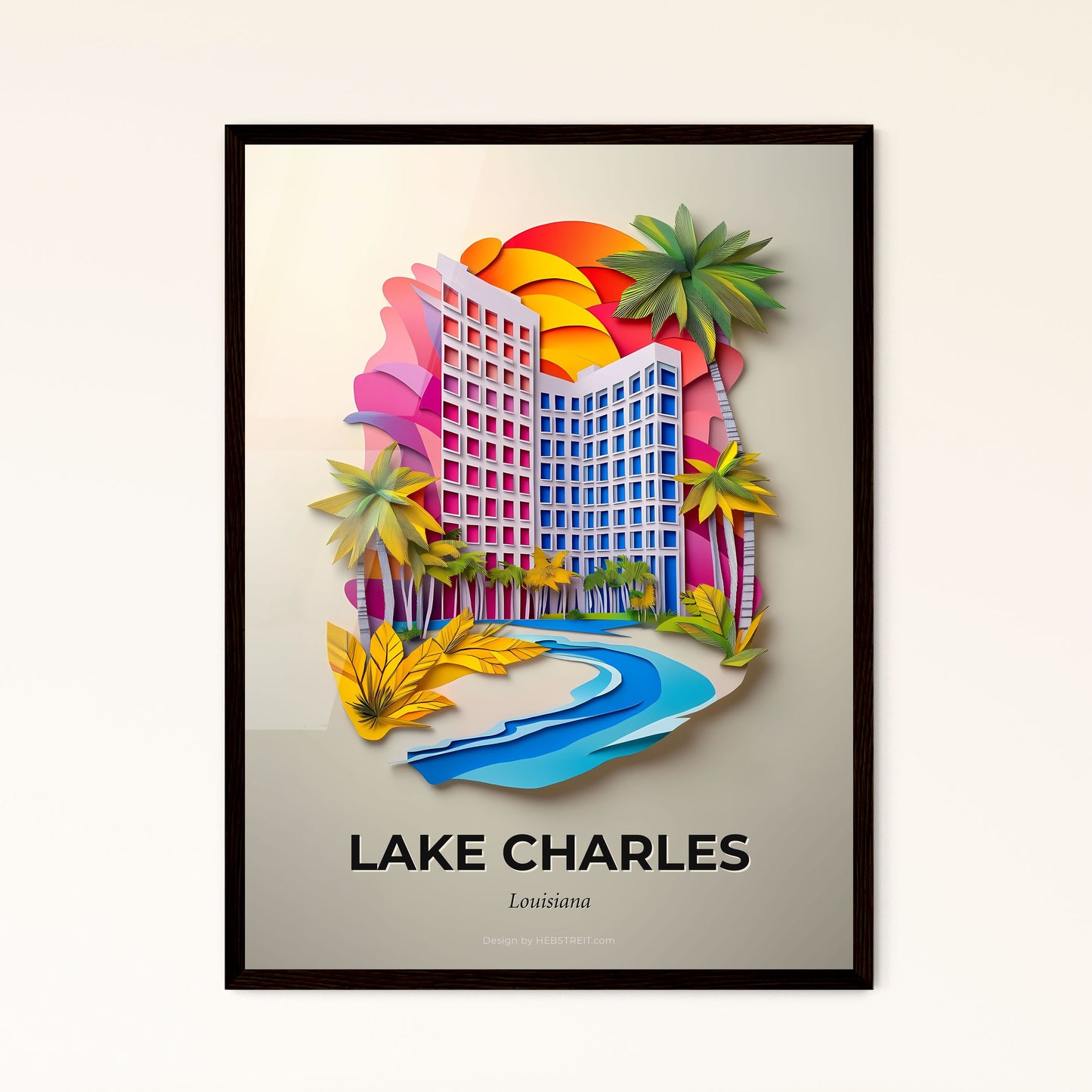 Vivid Lake Charles, Louisiana - a paper cut of a hotel and palm trees