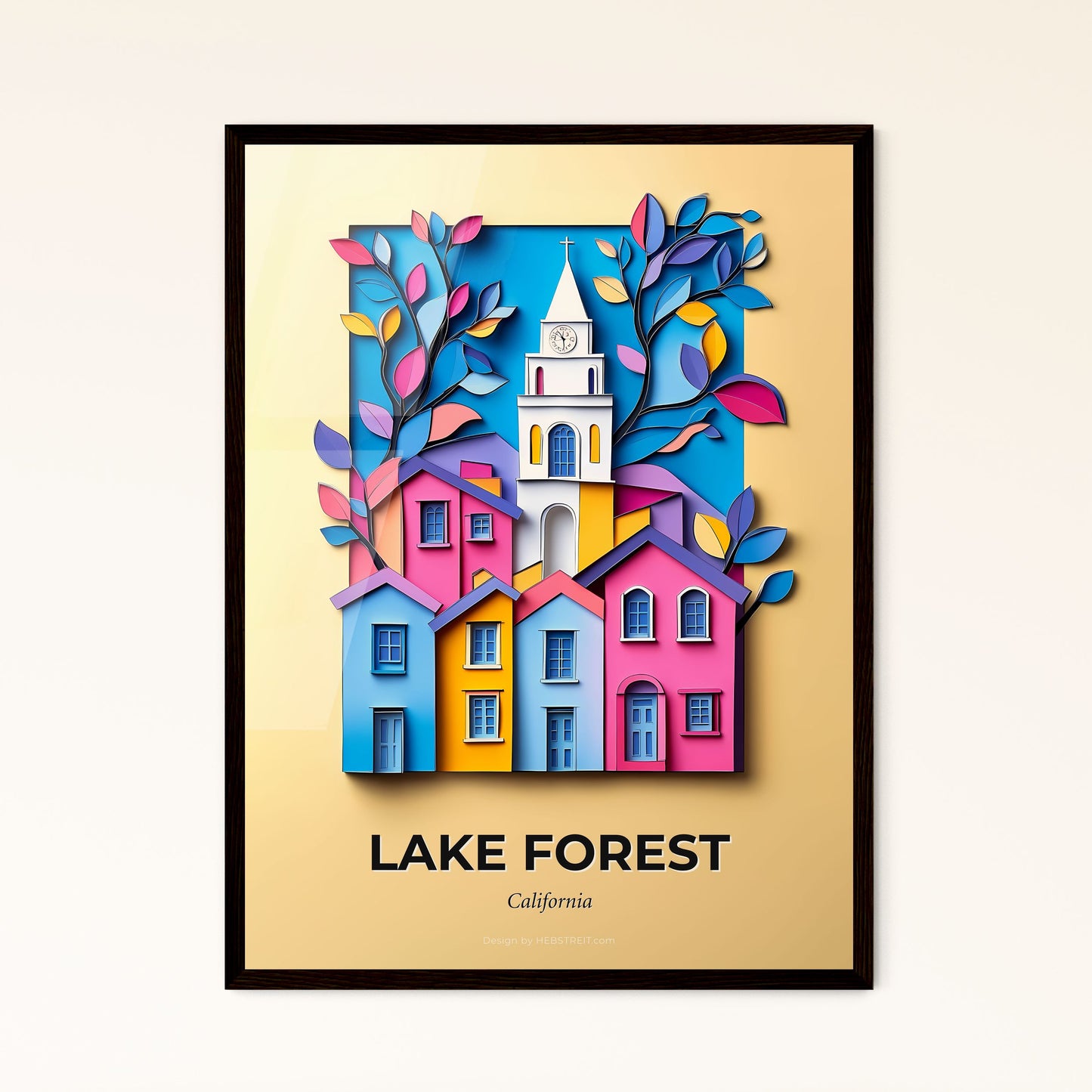 Vivid Lake Forest, California - a colorful city with a clock tower and trees