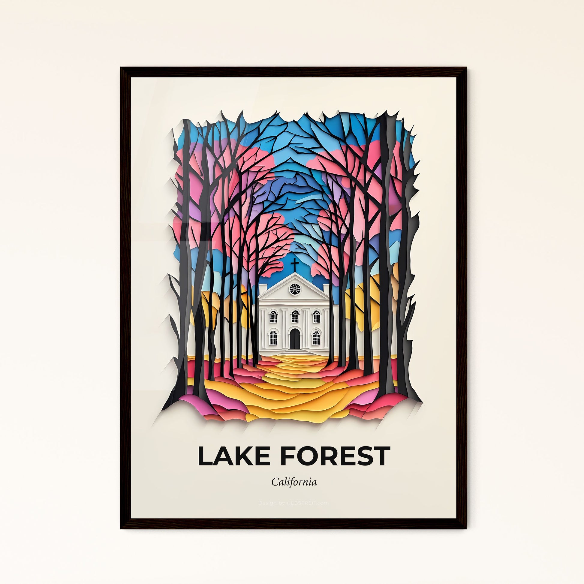 Vivid Lake Forest, California - a paper cut of a church in a forest