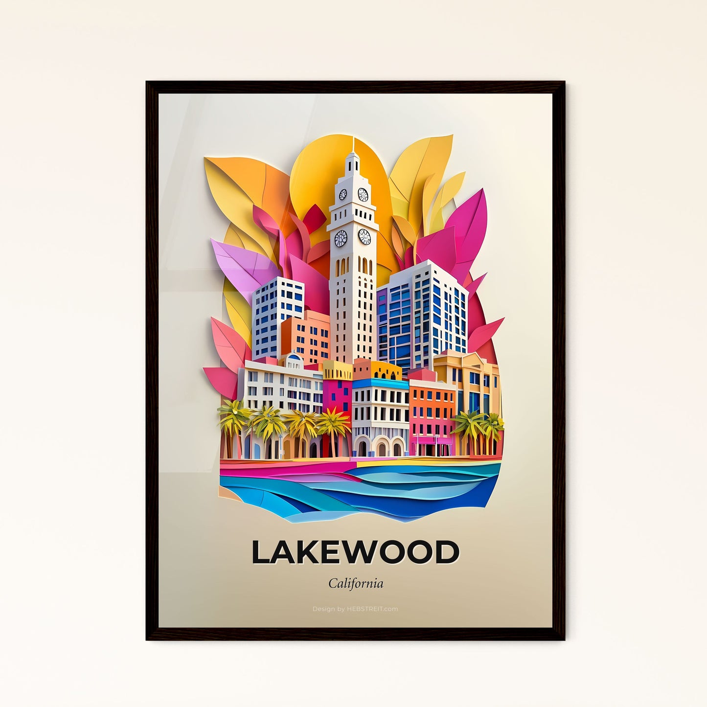 Vivid Lakewood, California - a city with a clock tower and palm trees