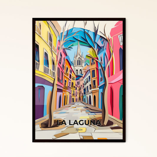 Vivid La Laguna, Spain - a painting of a street with a church steeple