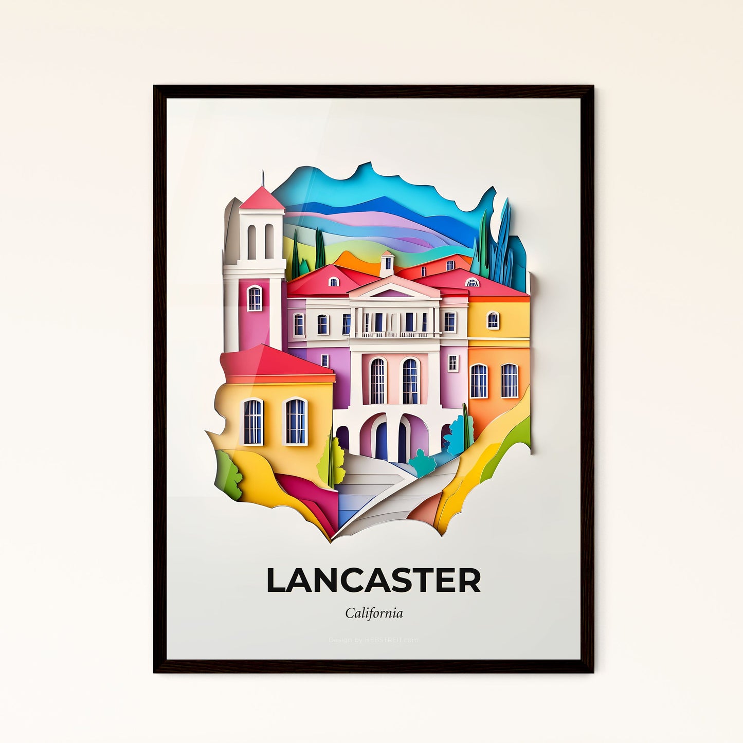 Vivid Lancaster, California - a paper cut of a colorful city with a church