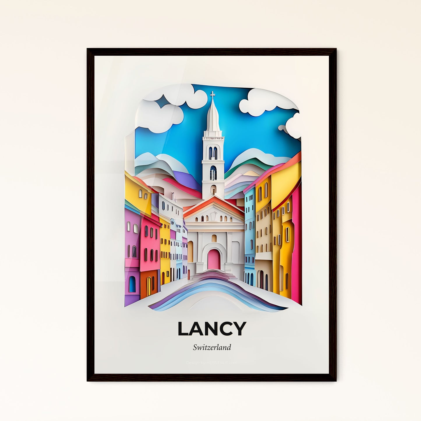 Vivid Lancy, Switzerland - a paper cut of a church and a river