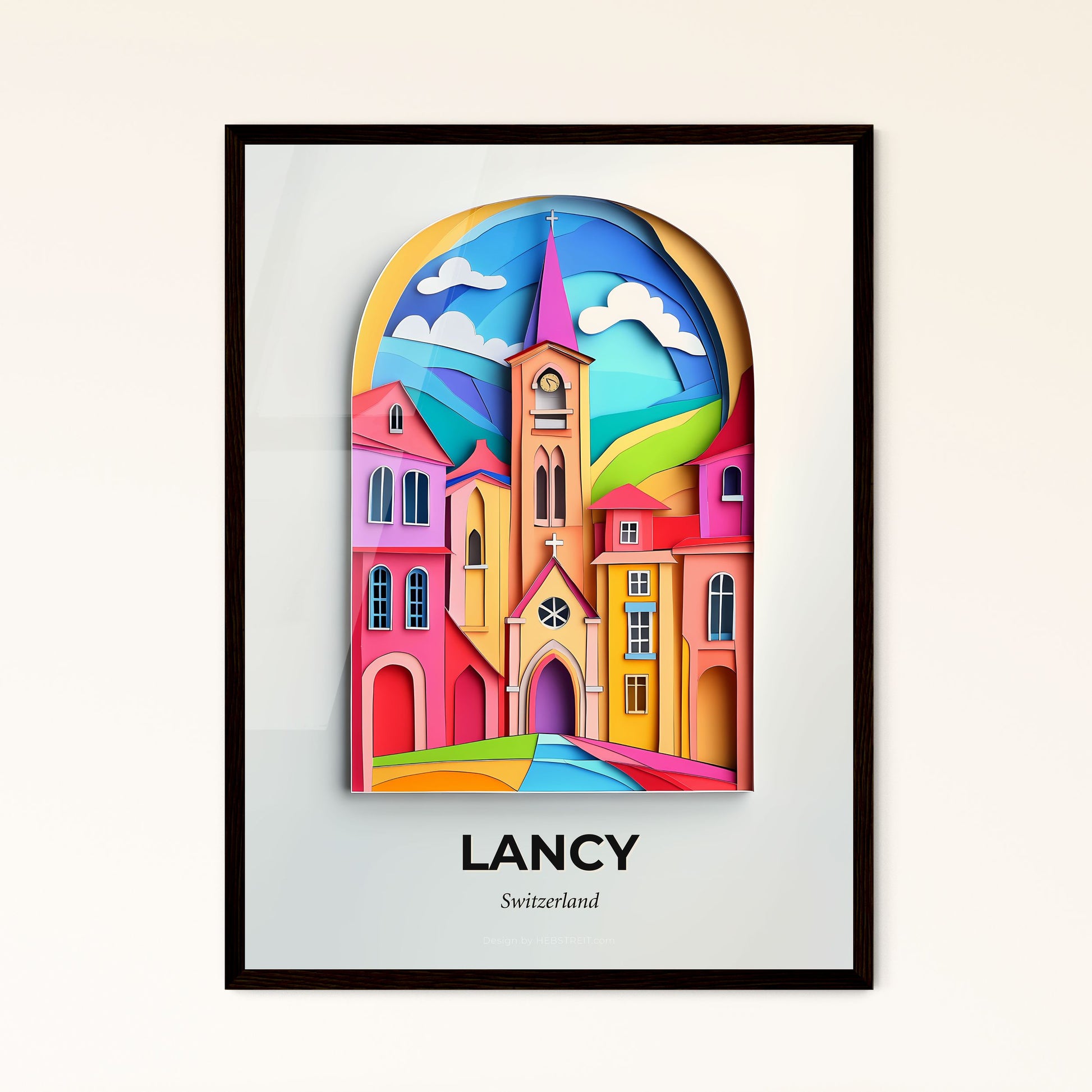 Vivid Lancy, Switzerland - a colorful city scene with a church and a rainbow colored sky